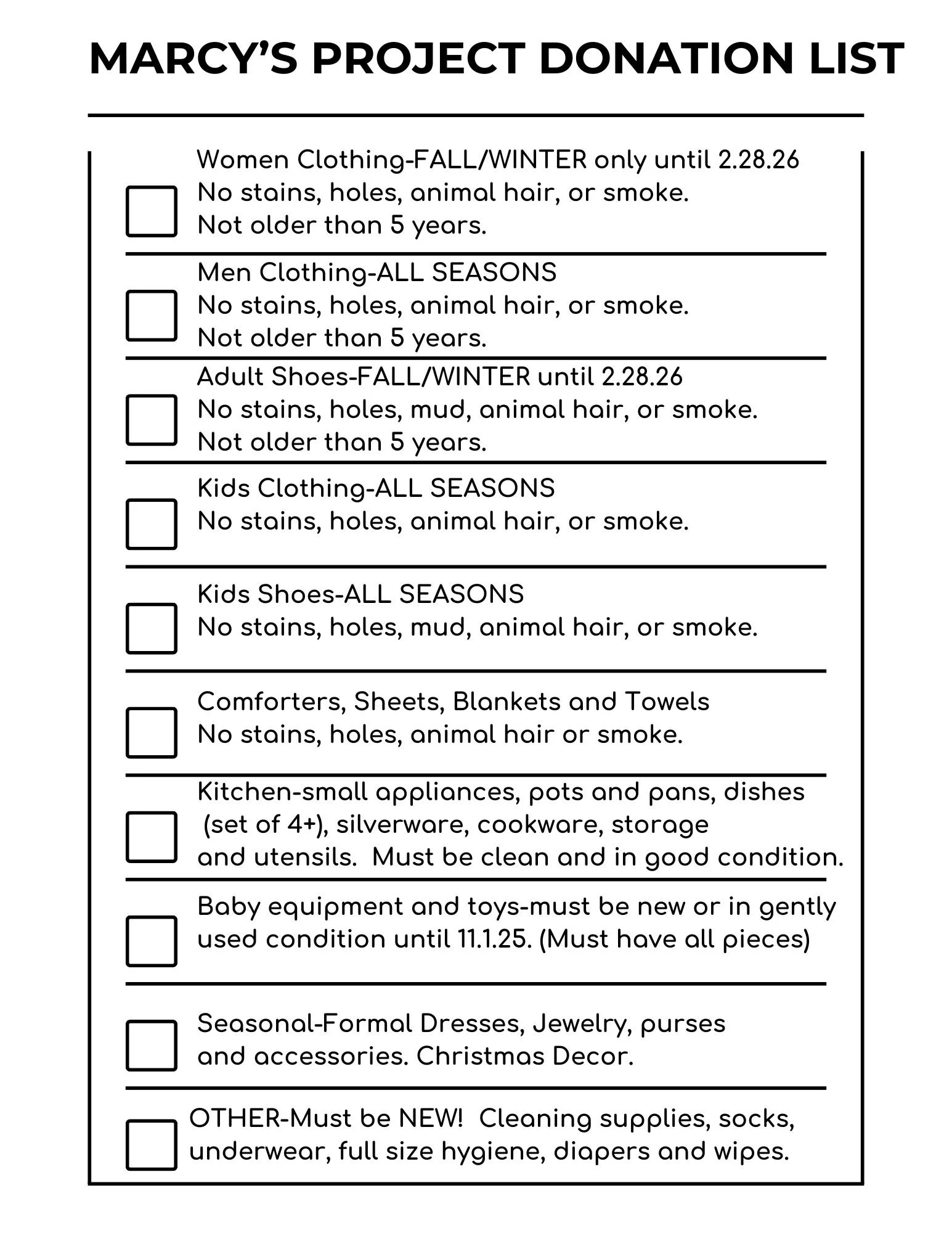 A donation list for Marcy's Project, including categories for women's, men's, kids', and baby clothing, bed linens, kitchenware, seasonal dresses, and other new cleaning supplies, with checkboxes for each item.