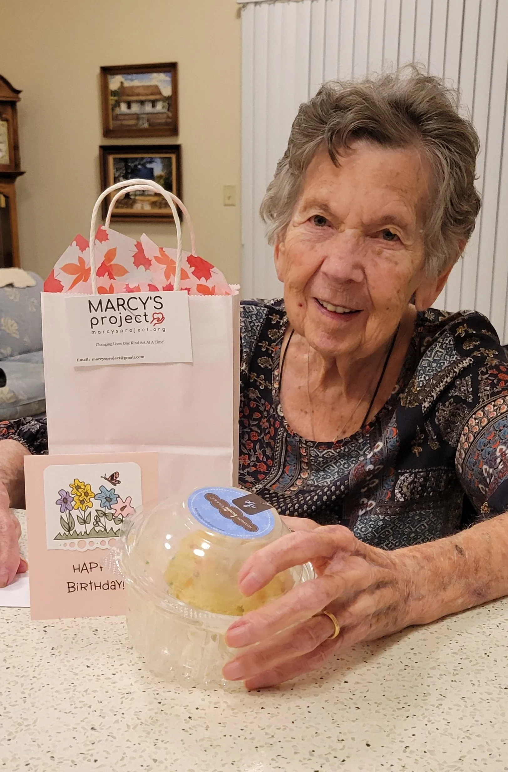 Marcys Milestone Recipient -celebrating seniors in local facilities by recognizing their birthday with a Nothing Bundt Cake bundlet and a handwritten/handmade card.