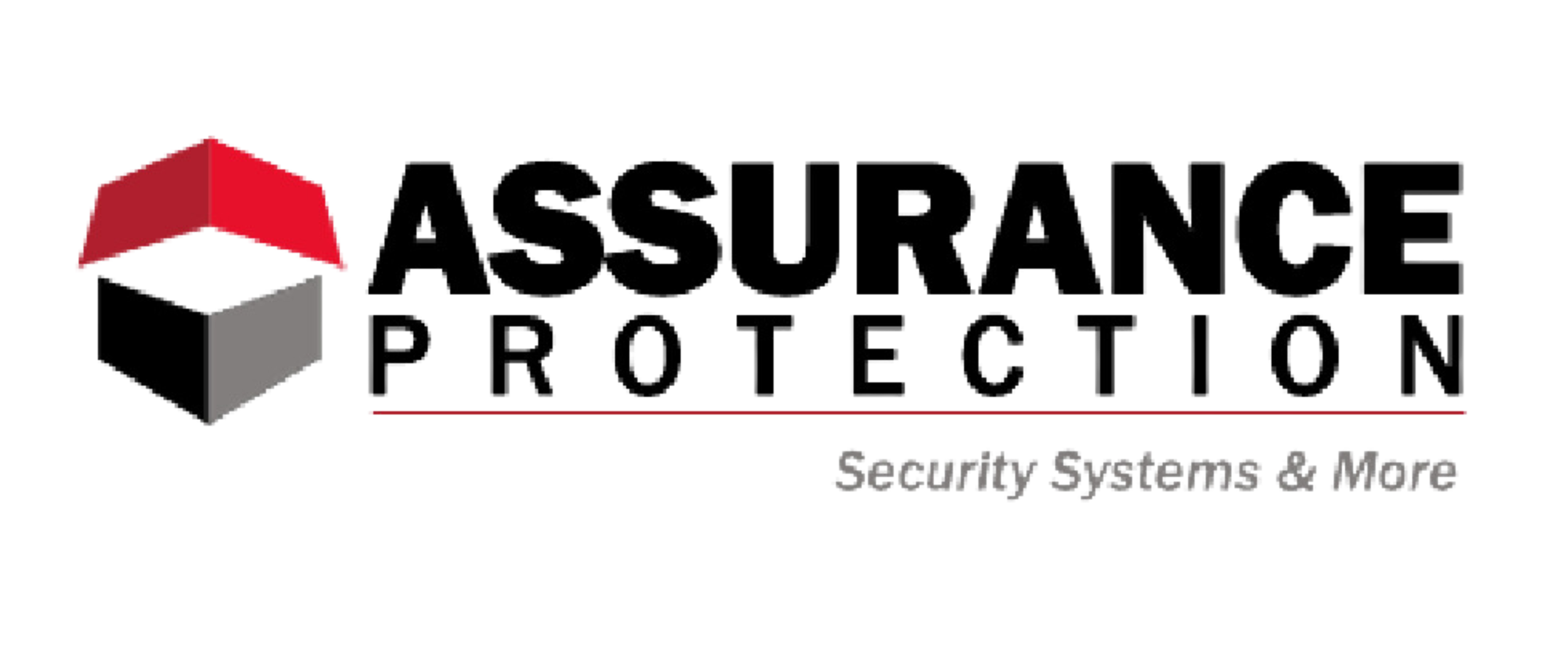 Logo for a security system company called Assurance Protection with a stylized red, black, and gray cube and bold black text.
