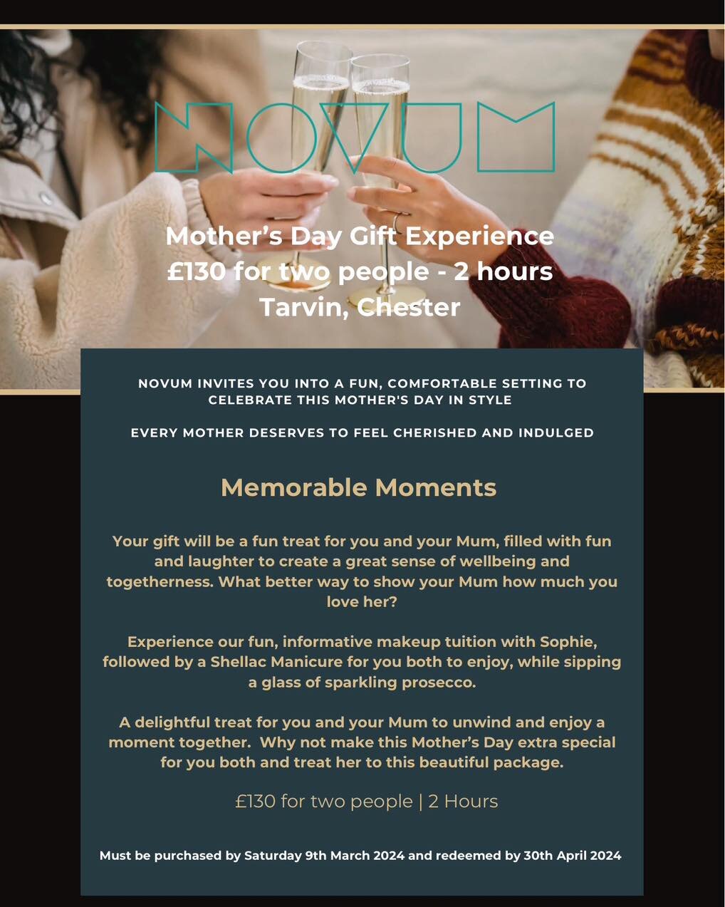 Mother's Day Gift Experience | Novum Tarvin

Novum, Tarvin invites you into a fun, comfortable setting to celebrate this Mother&rsquo;s Day in style 💕

To book in please call or message us&hellip;
📞01829 740112

#novumsalons #cheshire #beauty #moth