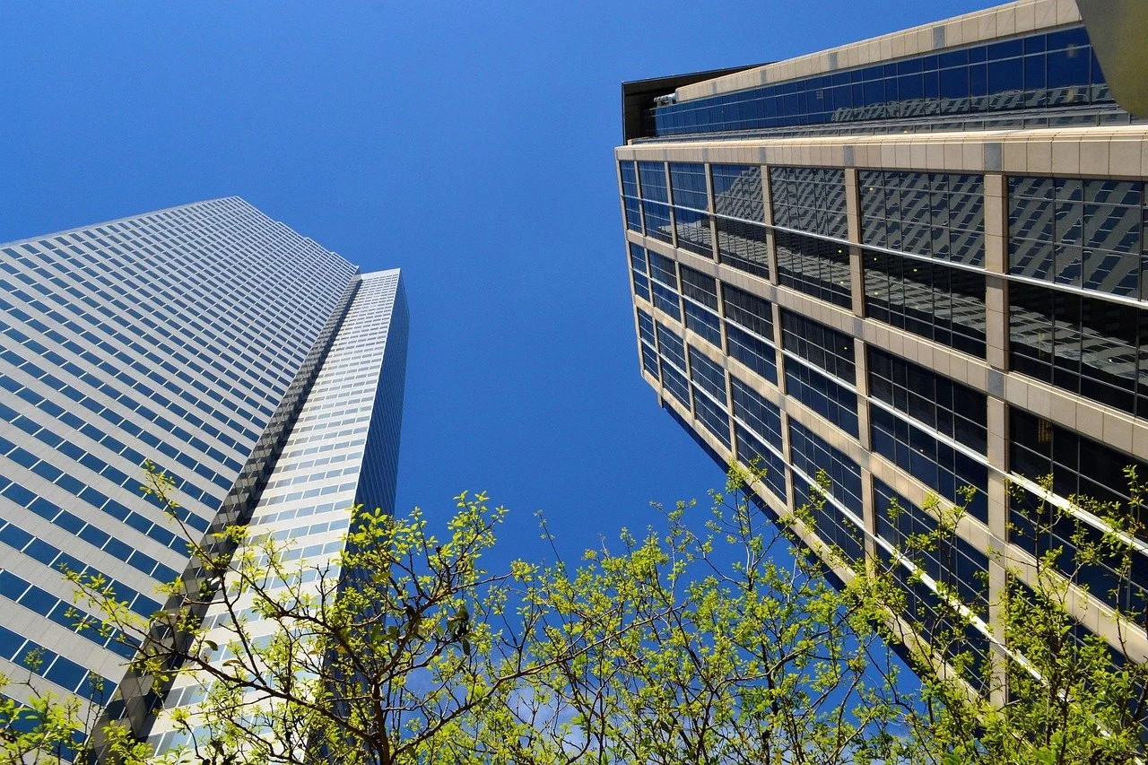 Commercial real estate buildings with trees