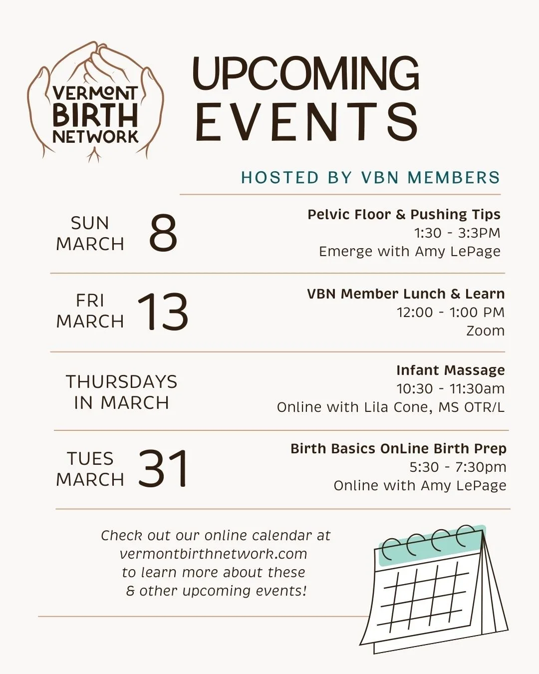 Wondering what&rsquo;s happening next month? 🗓 

Connection, education, community &mdash; it&rsquo;s all here! Check out our community events calendar for events for Vermont families and perinatal professionals. 

vermontbirthnetwork.com/communityev