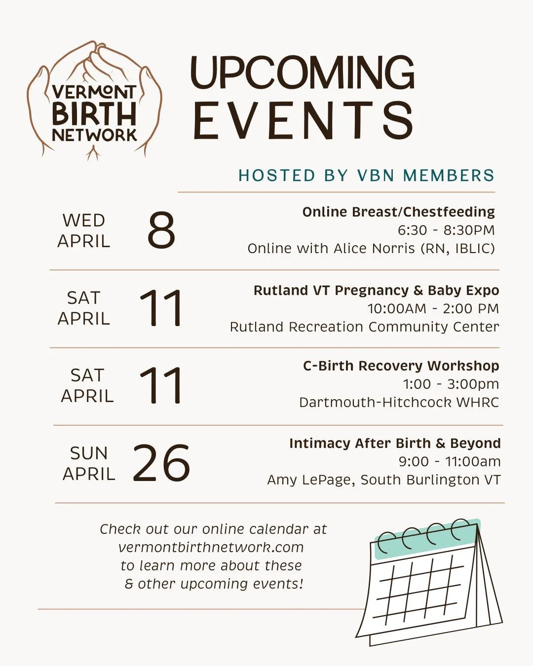 Wondering what&rsquo;s happening next month? Connection, education, community &mdash; it&rsquo;s all here! 🗓

Here's a sample of what's going on. Check out the full events calendar at vermontbirthnetwork.com.