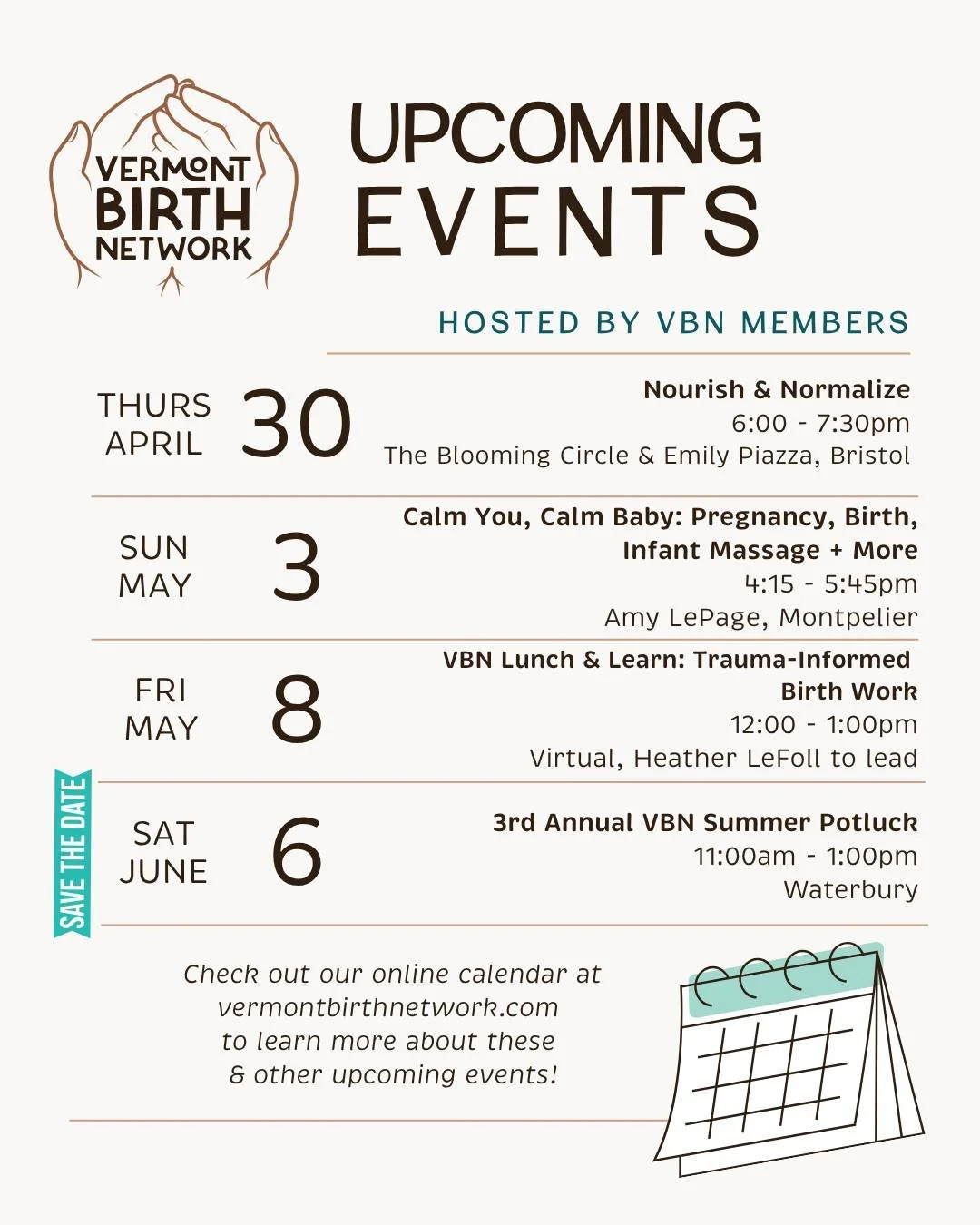 This month you could... 
🤰🏽 connect with other VT parents and learn a new skill to improve your birth experience
❤️ expand your knowledge as a perinatal professional to provide even better patient care
☀️ celebrate with the VBN community

... and m