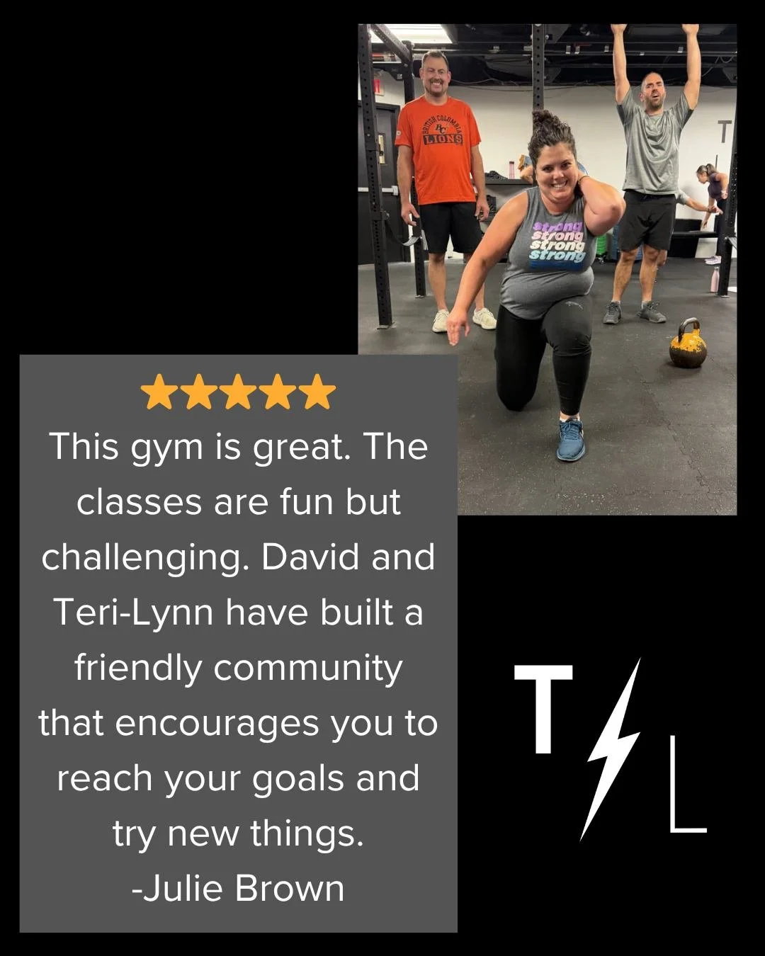 &quot;This gym is great. The classes are fun but challenging. David and Teri-Lynn have built a friendly community that encourages you to reach your goals and try new things.&quot;

Thank you so much, Julie! ❤️

Julie is an essential part of our morni
