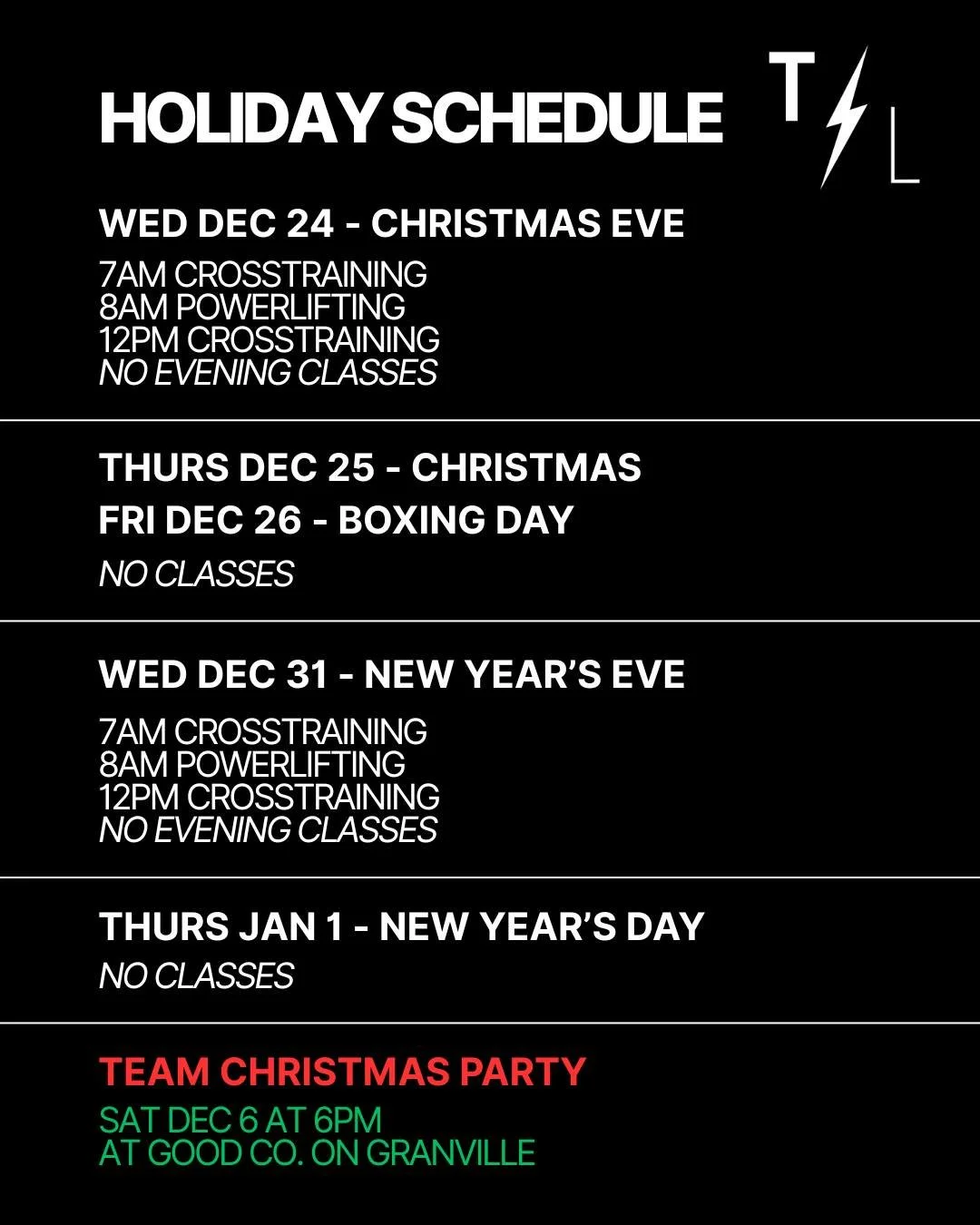 Holiday Schedule Updates! 🎄 🎅 ☃️

The holidays are coming, and so are a few schedule changes! Check the updated class times and plan your workouts so you can stay consistent through the season. 💪✨

Book your classes in our Thunder app and let&rsqu