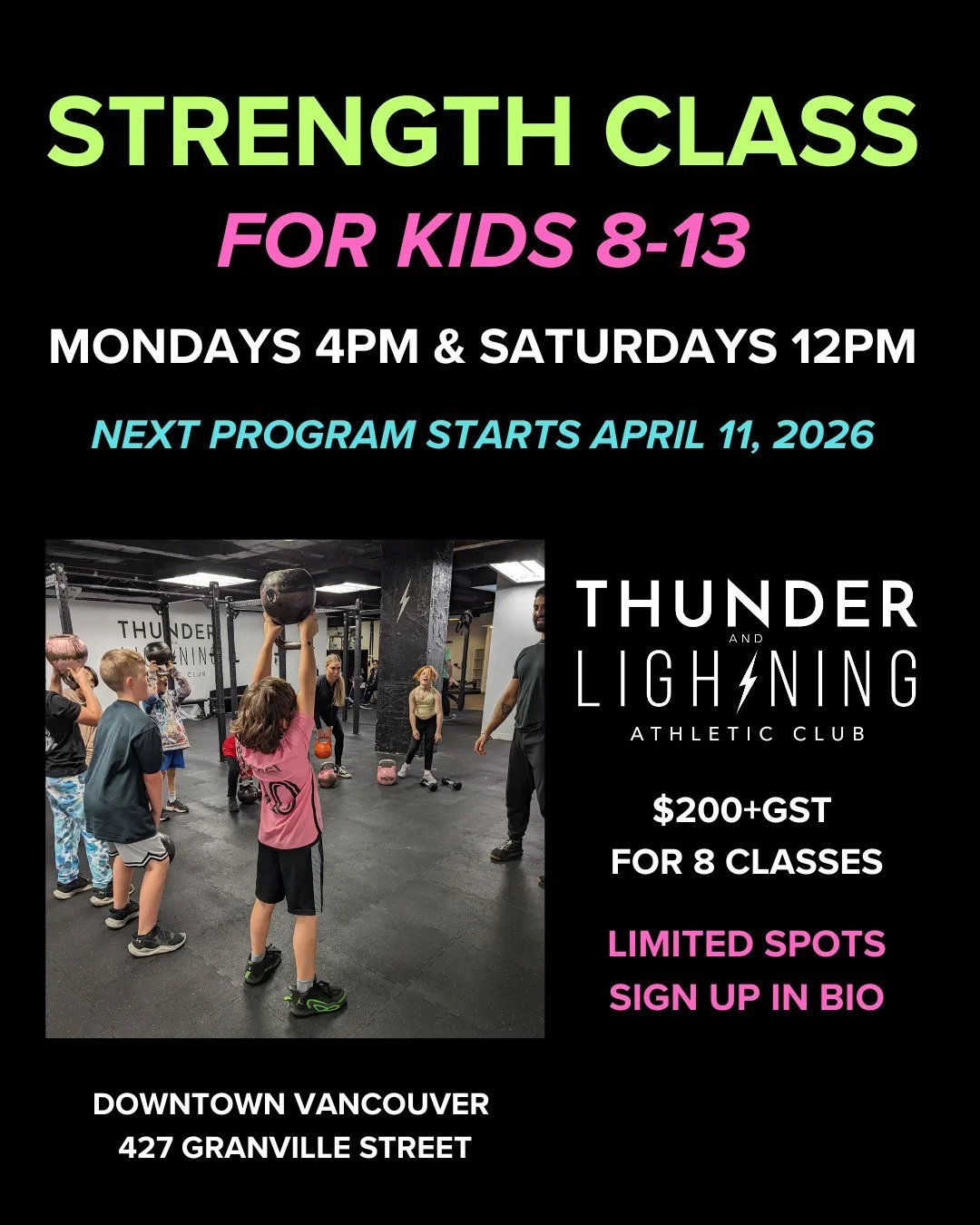 💥 Kids Strength Class is BACK! 💥

By popular demand, our Kids Strength Program is returning to Thunder and Lightning Athletic Club! We are excited! We had so many parents asking us to bring this back, telling us that it was their kid&rsquo;s favour