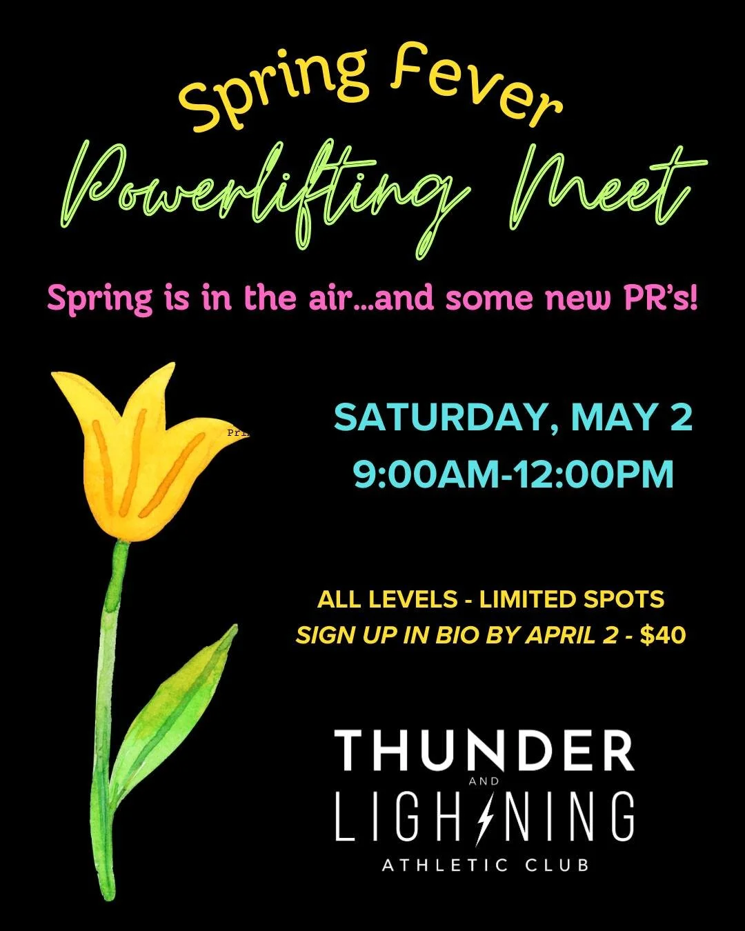 Thunder &amp; Lightning Spring Fever Powerlifting Classic 🌷⚡

This meet is one of our favourite days of the year.

It&rsquo;s when our community gets together to:
💥 Hit PRs
💥 Try their first meet
💥 Cheer even louder than usual
💥 Celebrate months