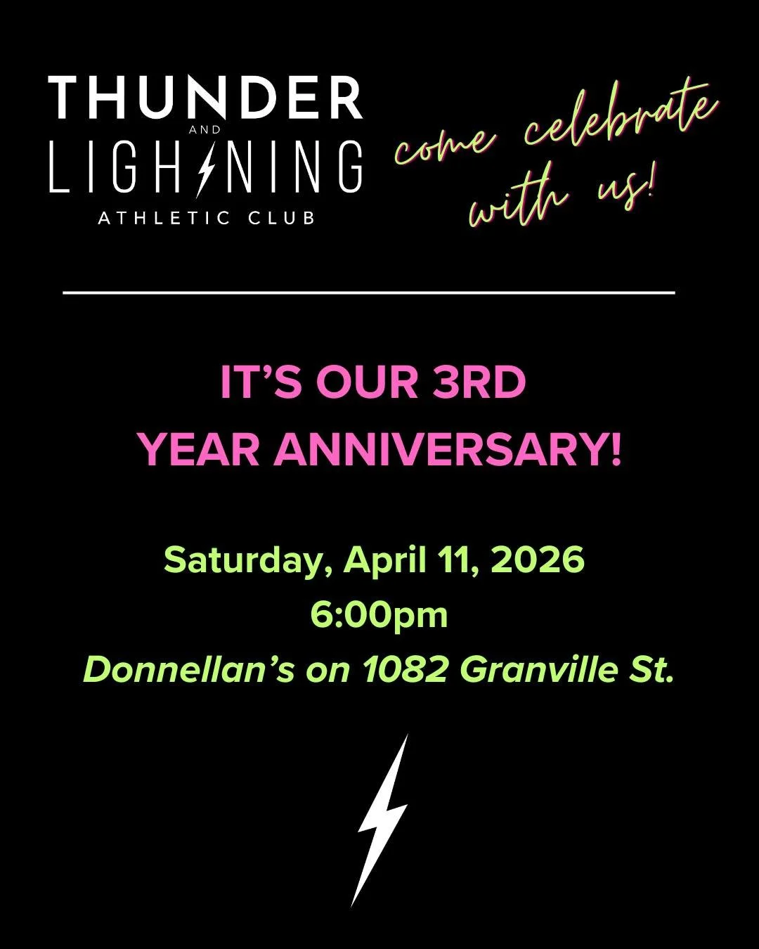 ⚡🍸 Don&rsquo;t Forget &ndash; Thunder and Lightning Athletic Club Turns 3! 🍸⚡

Just a quick reminder that our 3 Year Anniversary Celebration is coming up! We want you there!

It&rsquo;s going to be a fun night outside the gym with our awesome commu