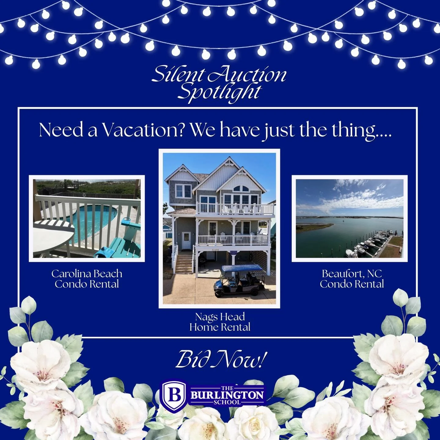 Auction Getaway!

Need a vacation? We have just the thing.
Bid on a Carolina Beach condo rental, Nags Head home rental, or Beaufort, NC condo rental.

Plan your next escape while supporting TBS.
Browse and bid now through the link in our bio.