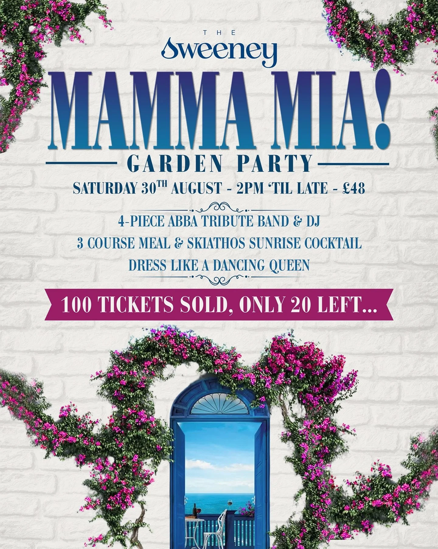 Only 20 tickets left! Our Mamma Mia garden party is nearly sold out&hellip; 🇬🇷✨

On Saturday 30th August from 2pm &lsquo;til late, we&rsquo;re whisking you away to the Greek isles!

Kick things off with a Skiathos Sunrise cocktail on arrival, then 