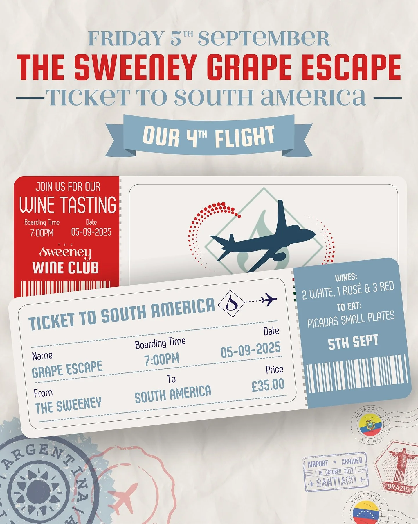 The Sweeney&rsquo;s Grape Escape: Ticket to South America!🎟️

No passport required &mdash; escape to South America without leaving Shropshire at our next Wine Tasting, just &pound;35 per person!☀️

Imagine this: basking in the warmth with a glass of