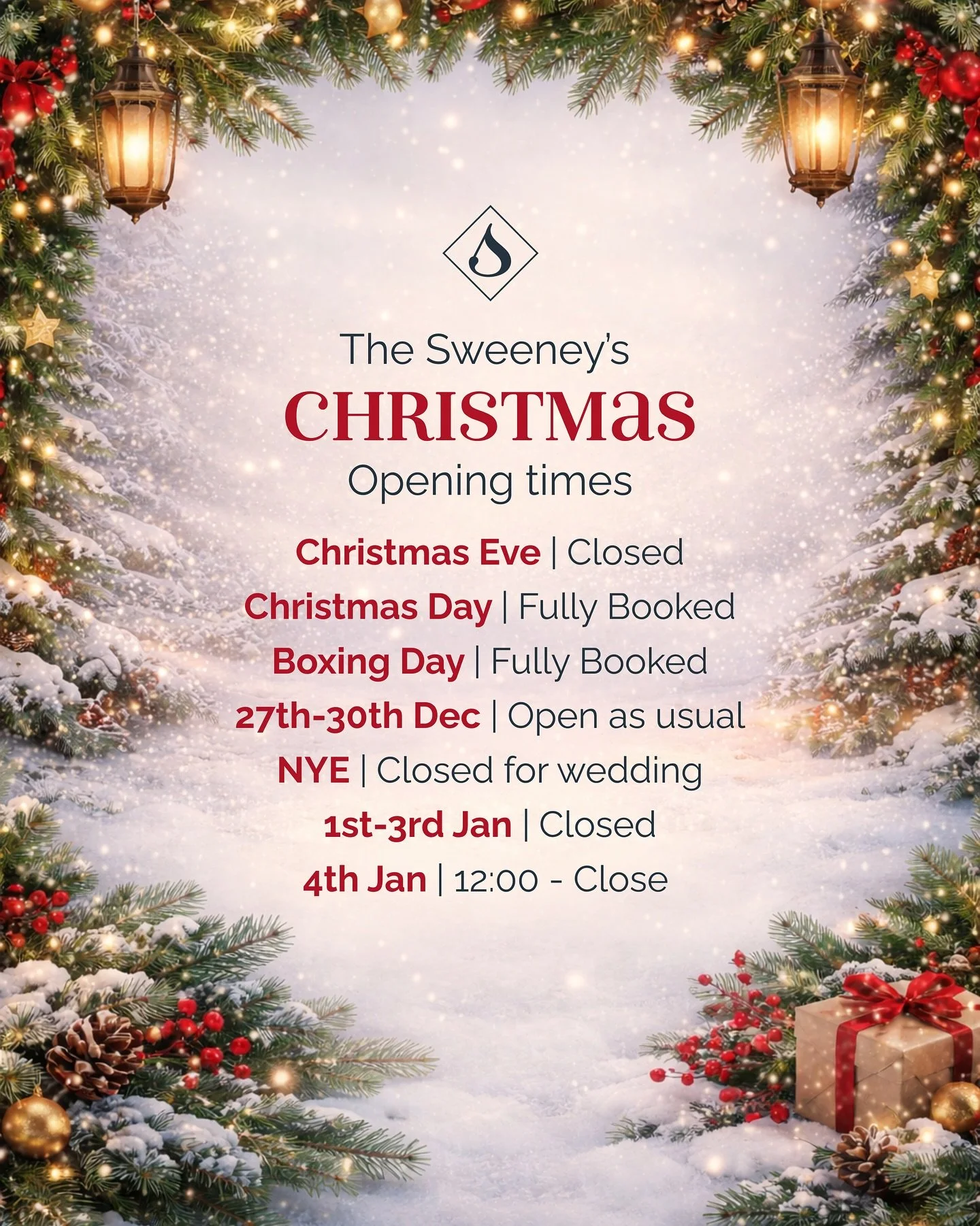 🎄 𝐂𝐡𝐫𝐢𝐬𝐭𝐦𝐚𝐬 𝐎𝐩𝐞𝐧𝐢𝐧𝐠 𝐇𝐨𝐮𝐫𝐬 🎄 
If you&rsquo;re hoping to join us this festive period, our Christmas &amp; New Year opening times are now confirmed.   We look forward to welcoming you over the next couple of weeks, and if we don&r