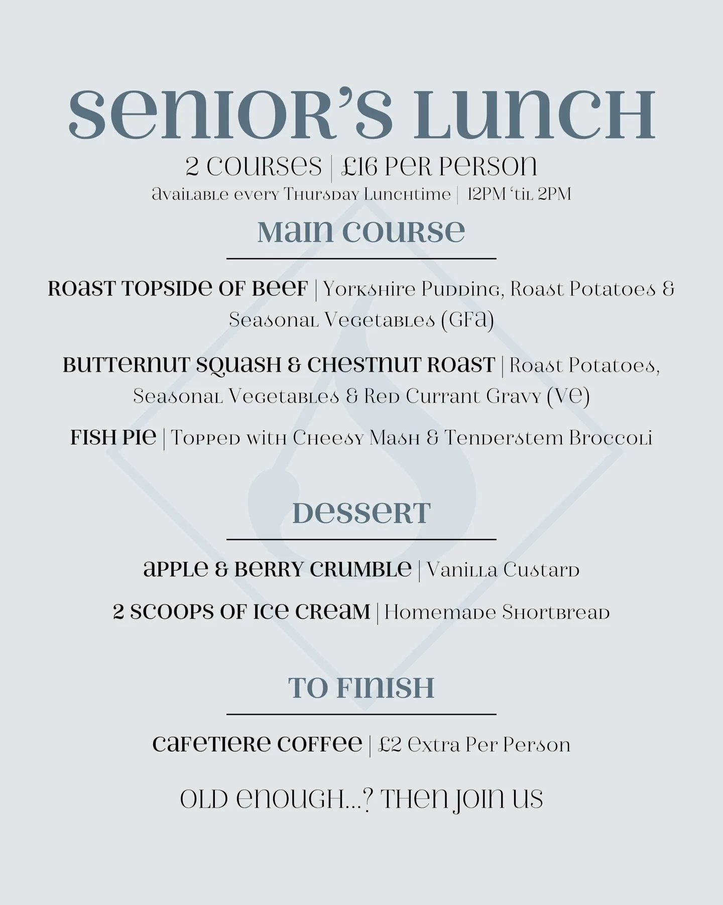 Old enough&hellip;? Then Join Us x

Thursdays from 12-2 we will be offering a Senior&rsquo;s Lunch! 2 Courses for just &pound;16

Call 01691 652450 or visit www.thesweeneyhotel.com to book your table now 

(Age 60 plus x)
&mdash;&mdash;&mdash;
#oswes