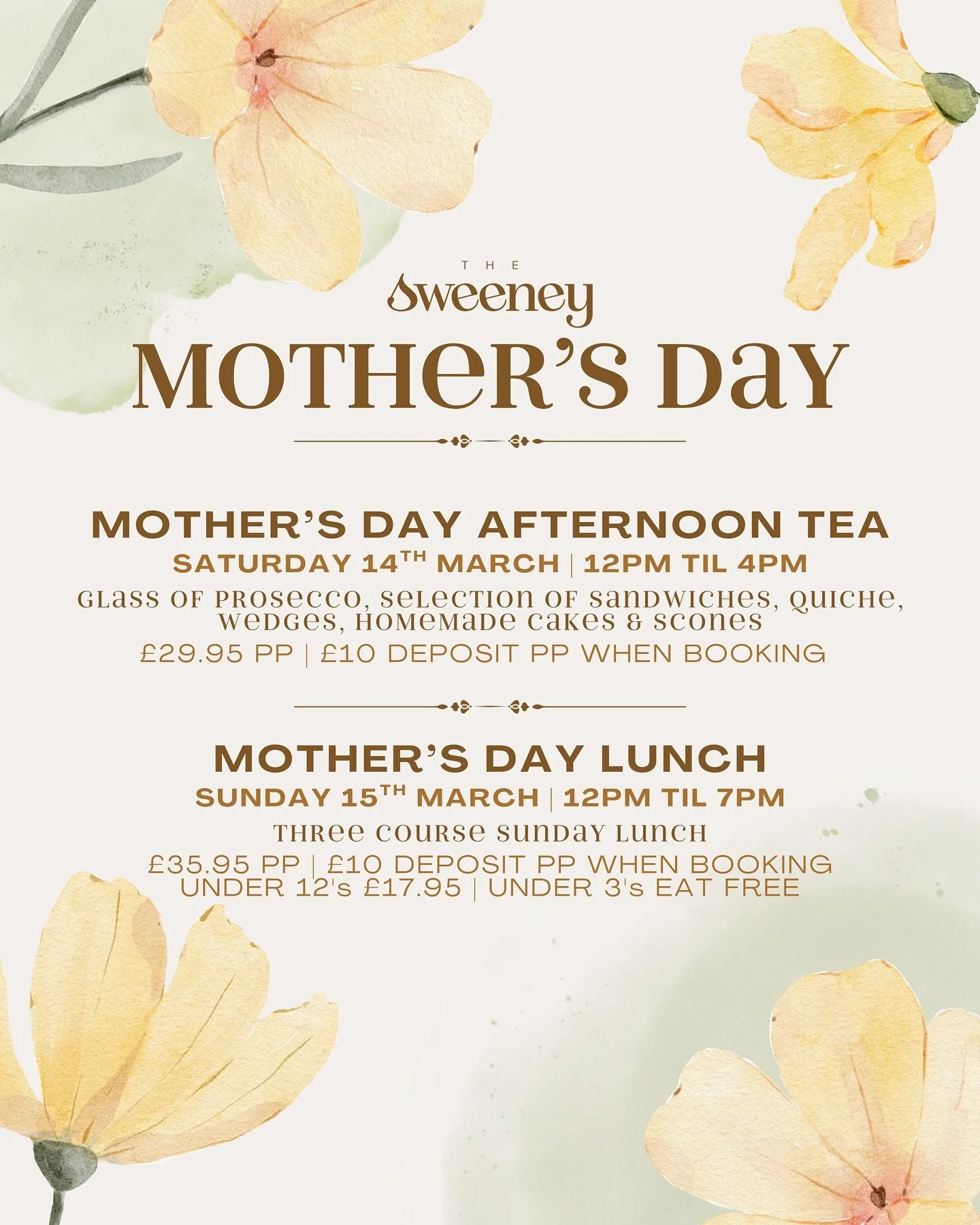 𝑴𝒐𝒕𝒉𝒆𝒓&rsquo;𝒔 𝑫𝒂𝒚 𝒂𝒕 𝒕𝒉𝒆 𝑺𝒘𝒆𝒆𝒏𝒆𝒚 ❤️

Join us for Mother&rsquo;s Day at the Sweeney - with two delicious offerings available. 

On Saturday 14th March, From 12:00 - 16:00, enjoy 𝐌𝐨𝐭𝐡𝐞𝐫&rsquo;𝐬 𝐃𝐚𝐲 𝐀𝐟𝐭𝐞𝐫𝐧𝐨𝐨𝐧 𝐓
