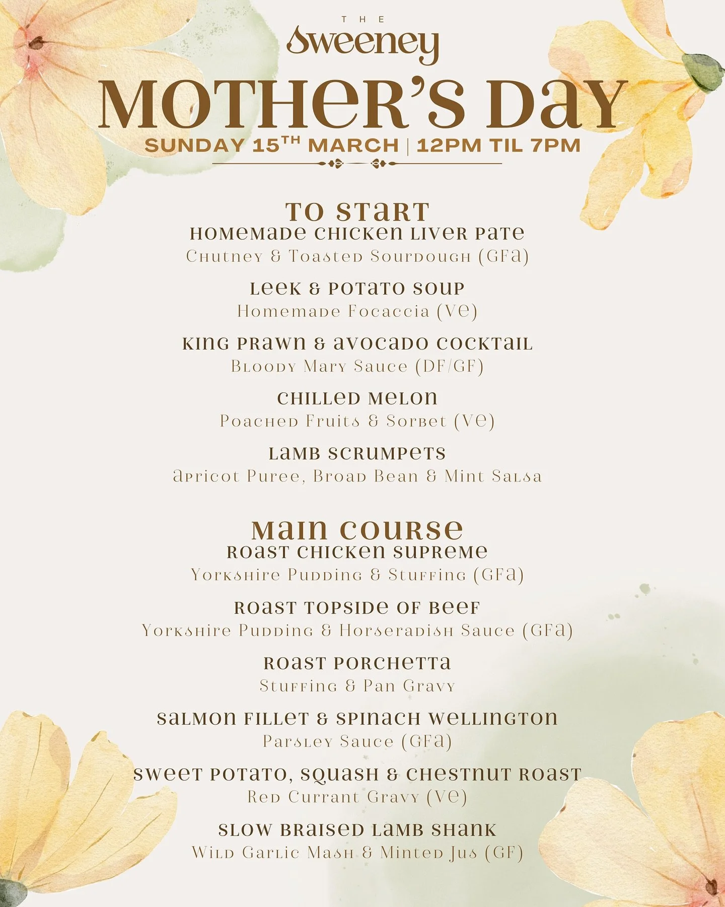 𝑴𝒐𝒕𝒉𝒆𝒓&rsquo;𝒔 𝑫𝒂𝒚 𝒂𝒕 𝒕𝒉𝒆 𝑺𝒘𝒆𝒆𝒏𝒆𝒚 ❤️

On Sunday 15th March, join us for Mother&rsquo;s Day at the Sweeney! 

From 12:00 - 19:00, enjoy a stunning 𝐓𝐡𝐫𝐞𝐞 𝐂𝐨𝐮𝐫𝐬𝐞 𝐒𝐮𝐧𝐝𝐚𝐲 𝐋𝐮𝐧𝐜𝐡 - &pound;35.95pp, Children Under 1