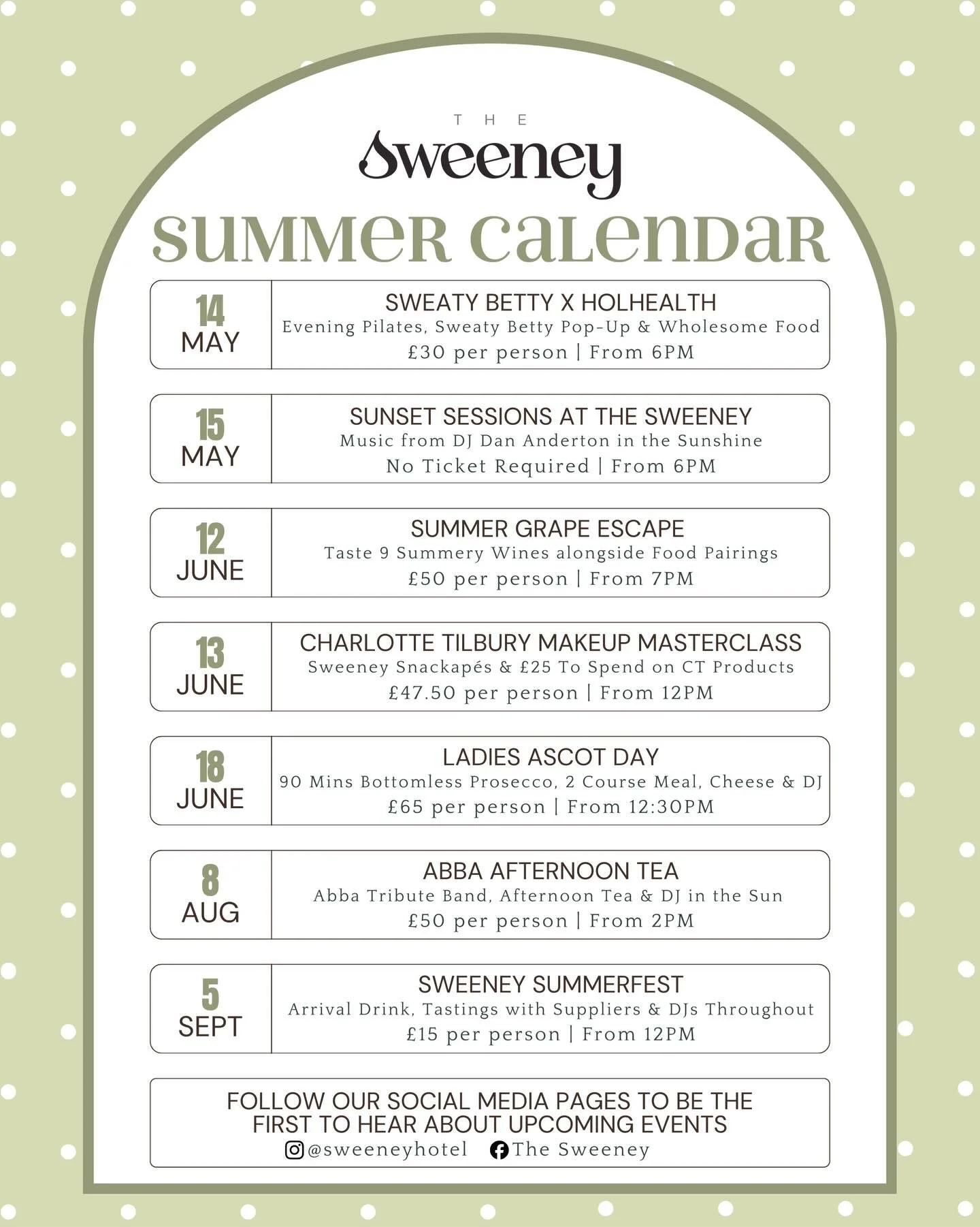 OUR SWEENEY SUMMER CALENDAR IS HERE!

Here is the latest Calendar of Events at the Sweeney 🙌

We will be posting full details for all up coming events closer to the dates 🙌

Please follow us on Socials because we are also adding things all the time