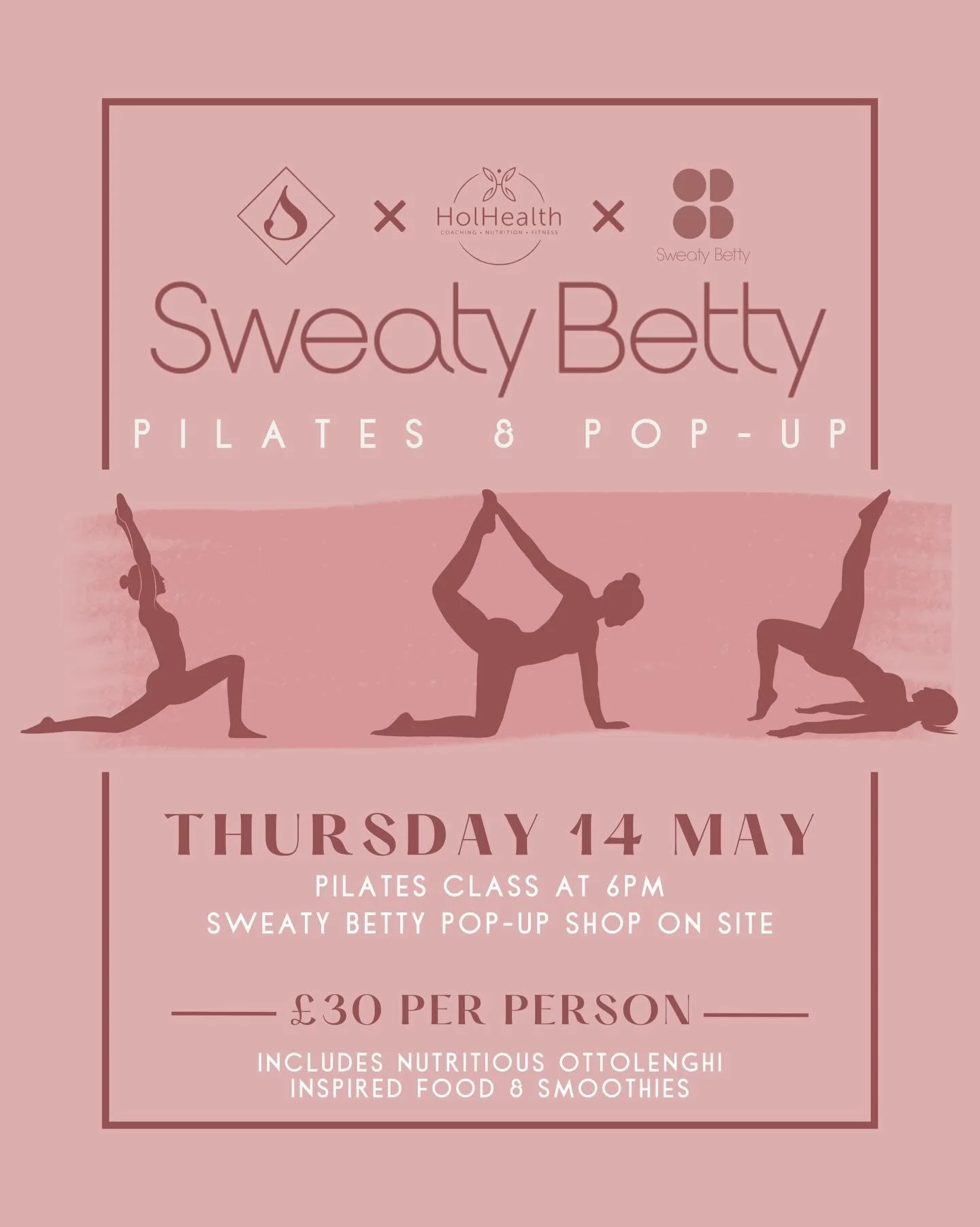 Join us for a evening of movement, style, and nourishing food

We&rsquo;re teaming up with HolHealth Fitness for a special Pilates class, followed by a Sweaty Betty pop-up shop experience.

🧘&zwj;♀️ Thursday 14th May
⏰ 6PM
🎟 &pound;30 per ticket

Y