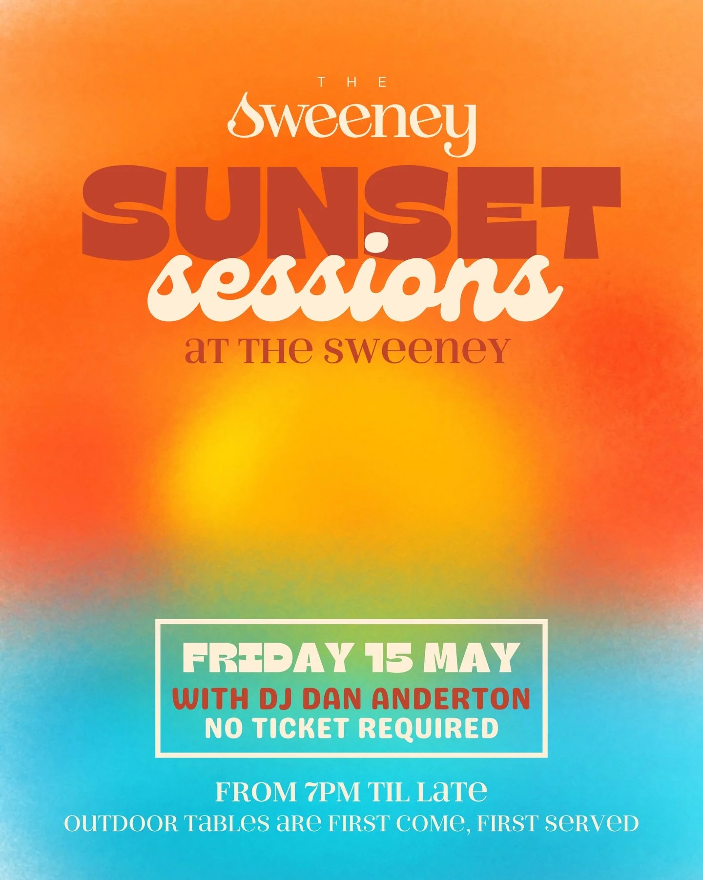 Sunset Sessions at The Sweeney ☀️ 

Join us on Friday 15th May for an evening of great music and good vibes. DJ @dananderton_ will be playing from 7pm, setting the perfect soundtrack as the sun goes down.

No ticket required
Outdoor tables are first 