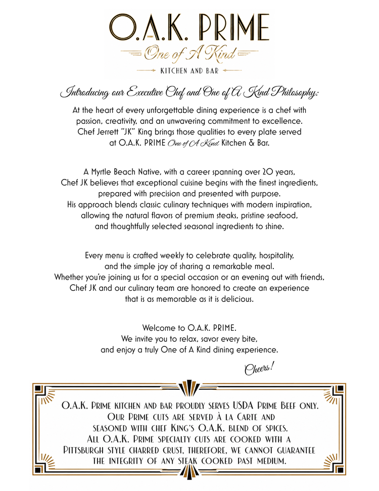 MENU — O.A.K. Prime Kitchen and Bar