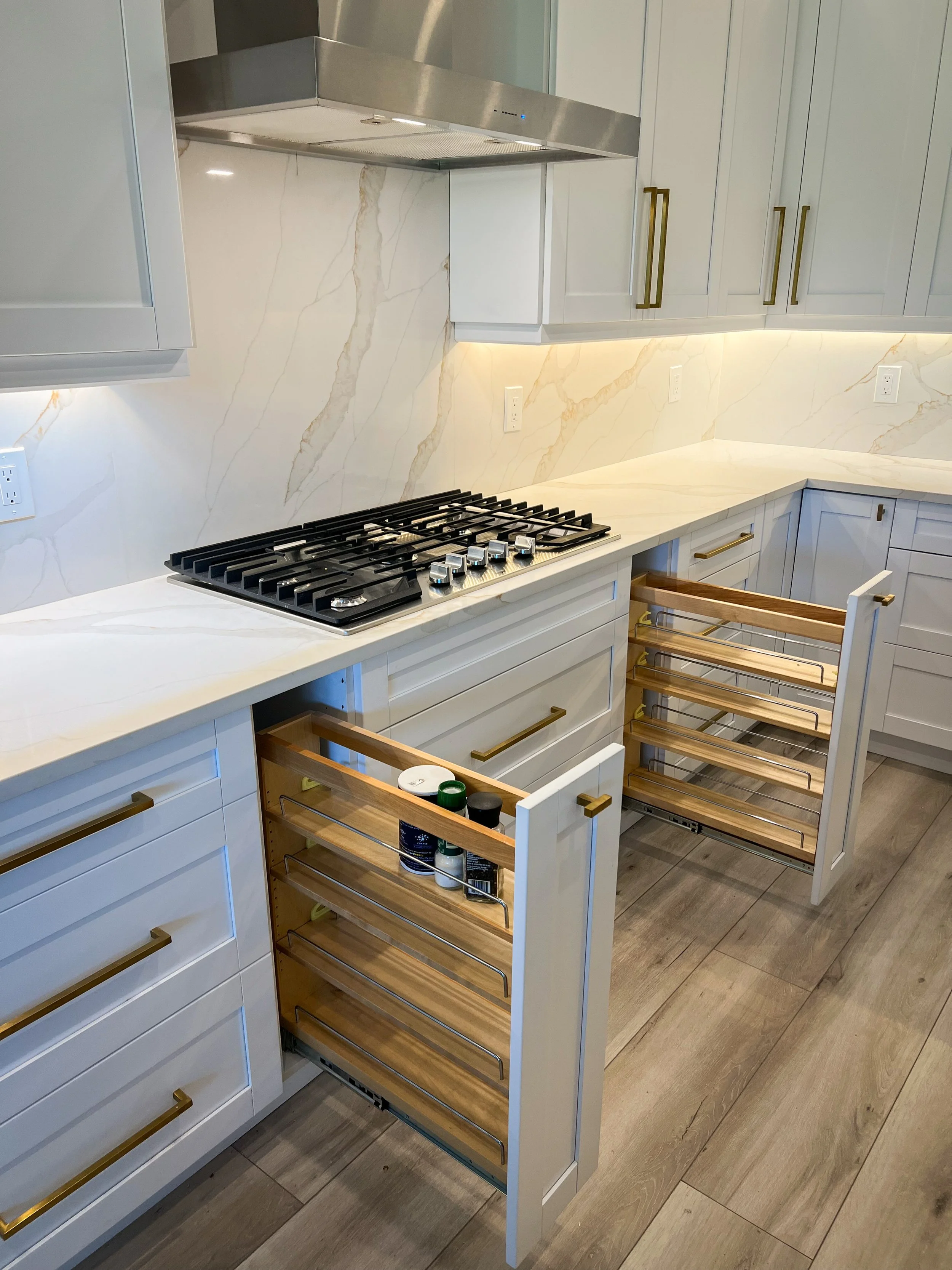 Along with these spice racks, there are many other pull out/ inserts to help step your organization and luxury level up for any room of the house, wherever there are cabinets.