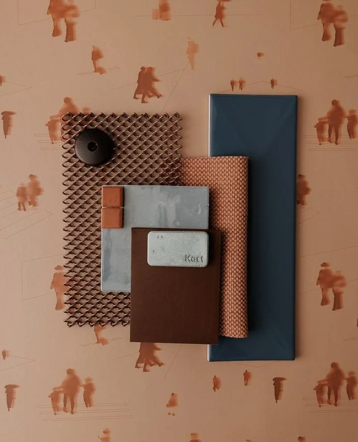 A beautiful materials board featuring our EVERYDAY PEOPLE⁠ wallcovering in DASH.⁠
⁠
#materialsboard #flatlayfriday