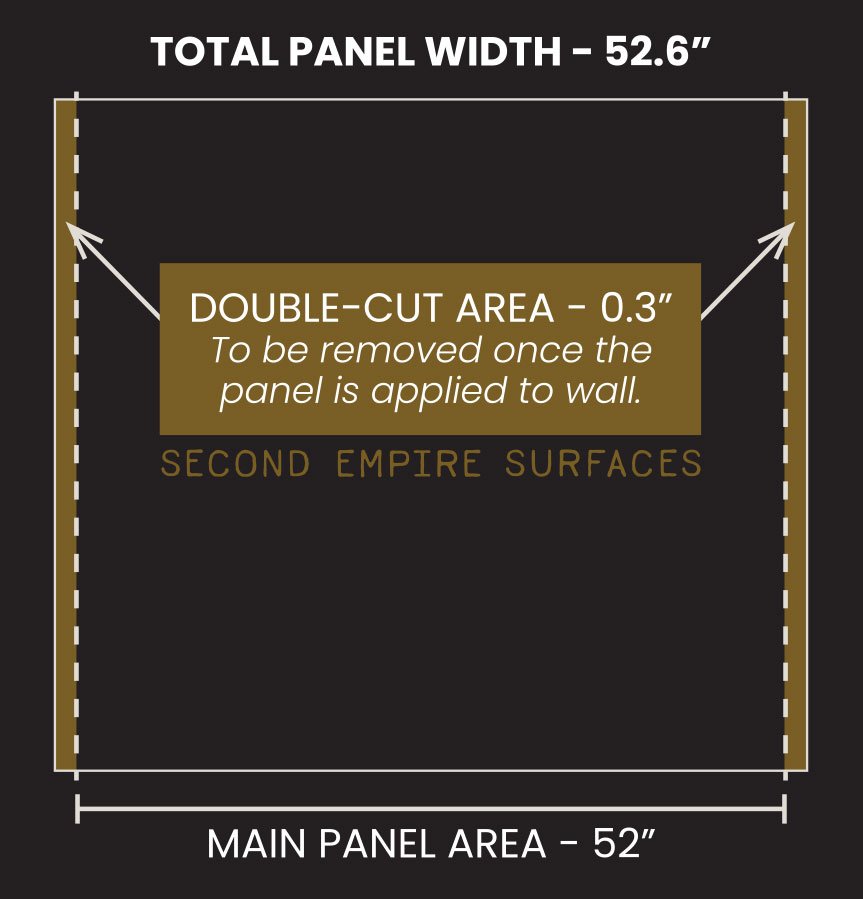 Diagram showing panel dimensions, with a total width of 52.6 inches, a main panel area of 52 inches, and a double-cut area of 0.3 inches to be removed after application to a wall.