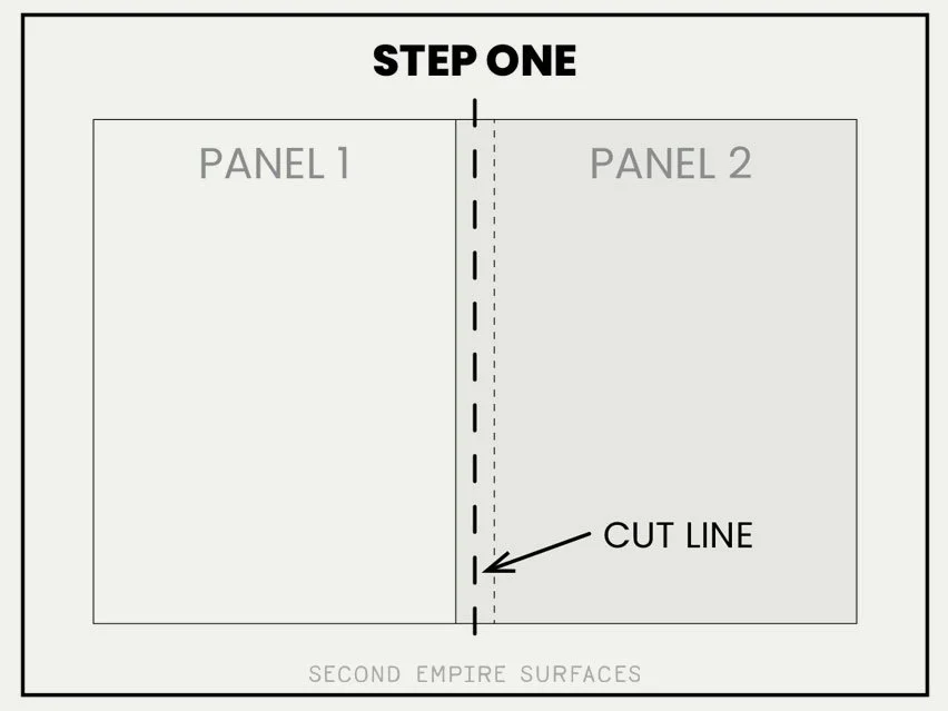 Diagram showing two panels labeled 'Panel 1' and 'Panel 2' with a dashed line dividing them, and an arrow pointing to a cut line labeled 'Cut Line' along the dashed line. The title is 'Step One' and there is a note 'Second Empire Surfaces' at the bottom.