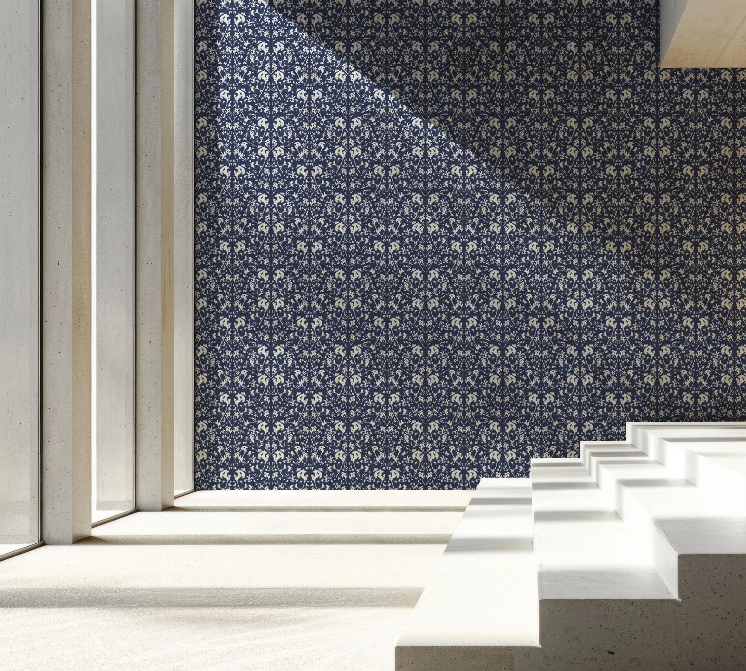Interior view of a modern building with a patterned dark blue wallpaper, concrete steps, and tall windows along the left wall.