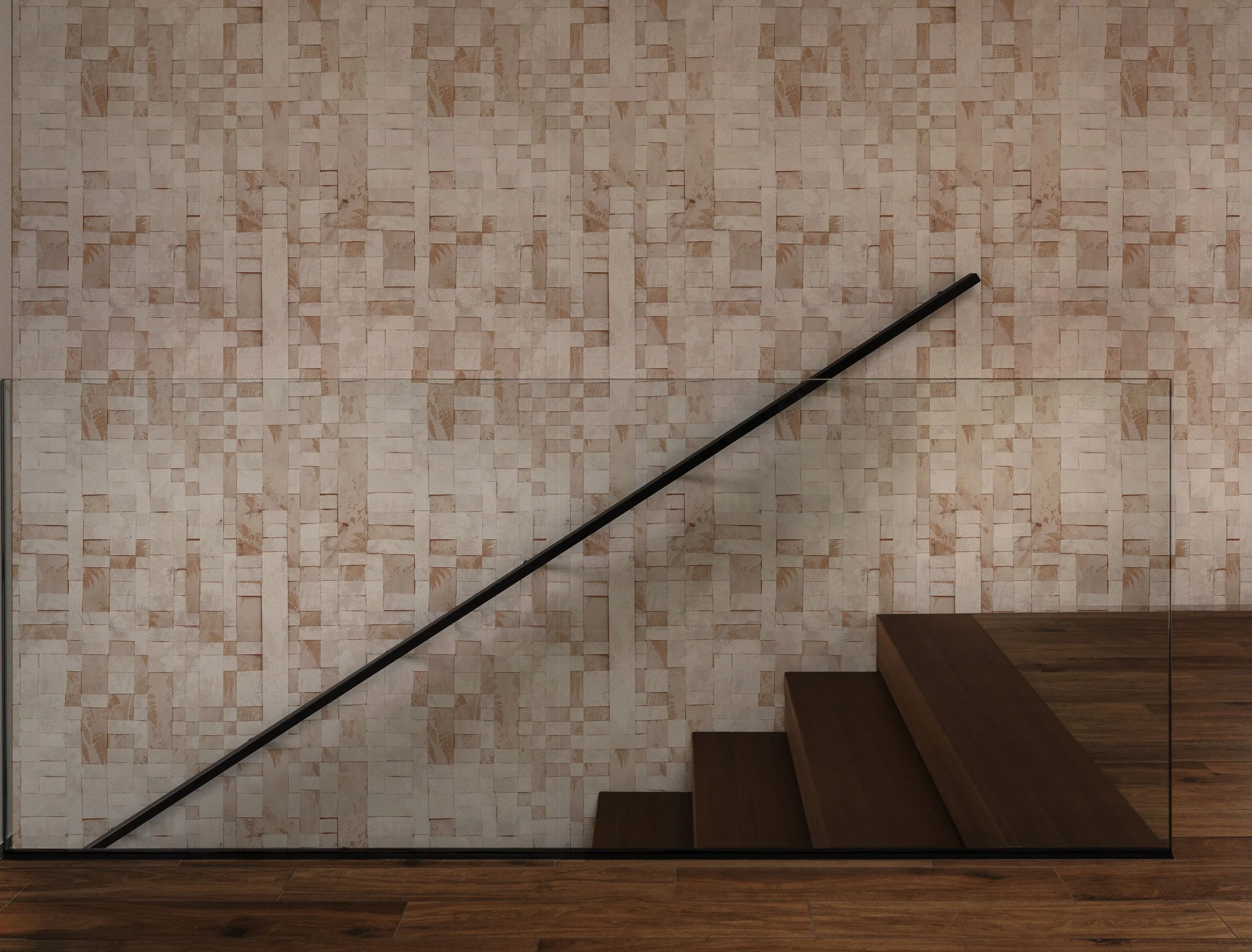 A set of stairs in front of wall covered in sepia-toned woven wallpaper.