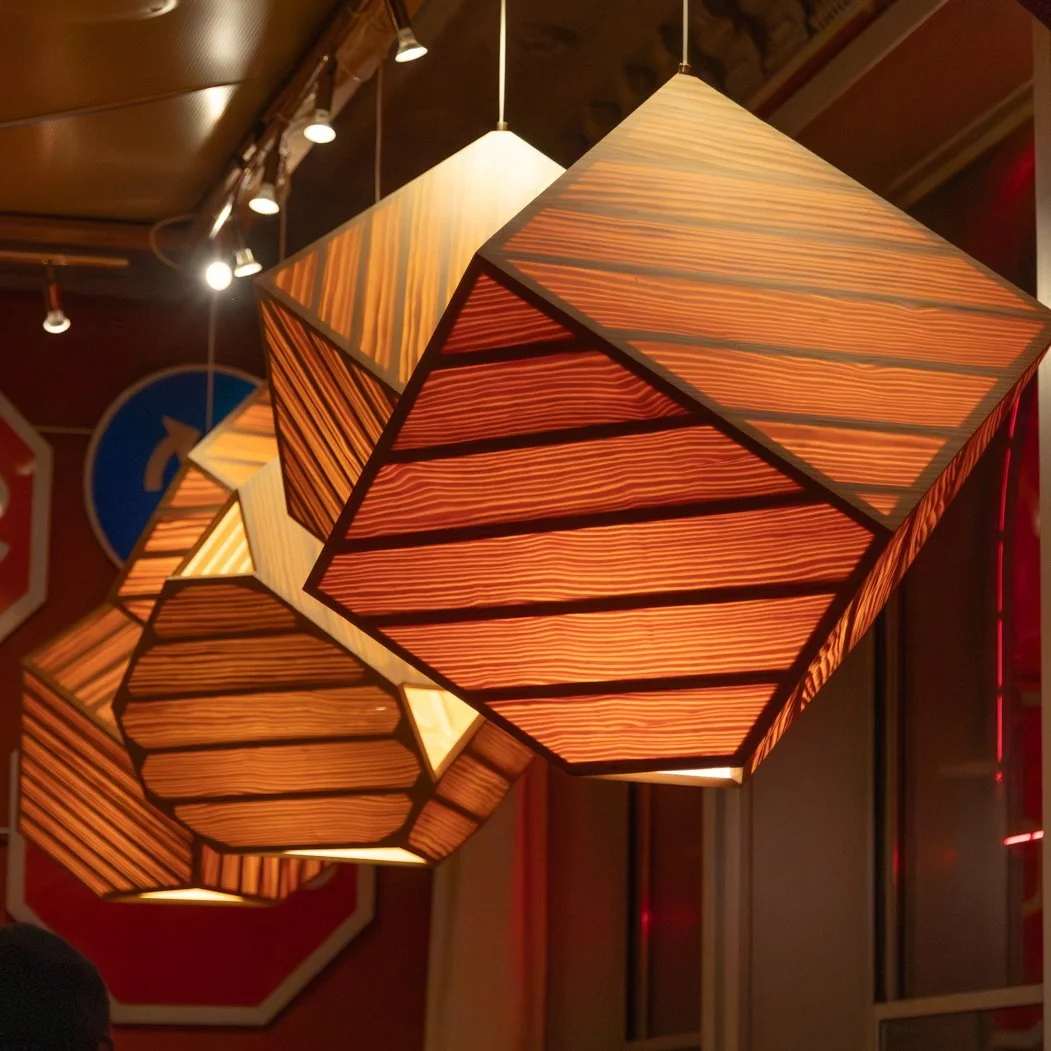 S0 Giant Heart Pine Pendant Lamp "Striped Square Moon" – Multiple versions