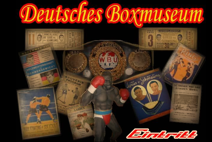 Ein Ausstellungsstück im Deutschen Boxmuseum, inklusive Boxhandschuhen, einem Boxer-Figur, alten Boxplakaten und Medaillen.