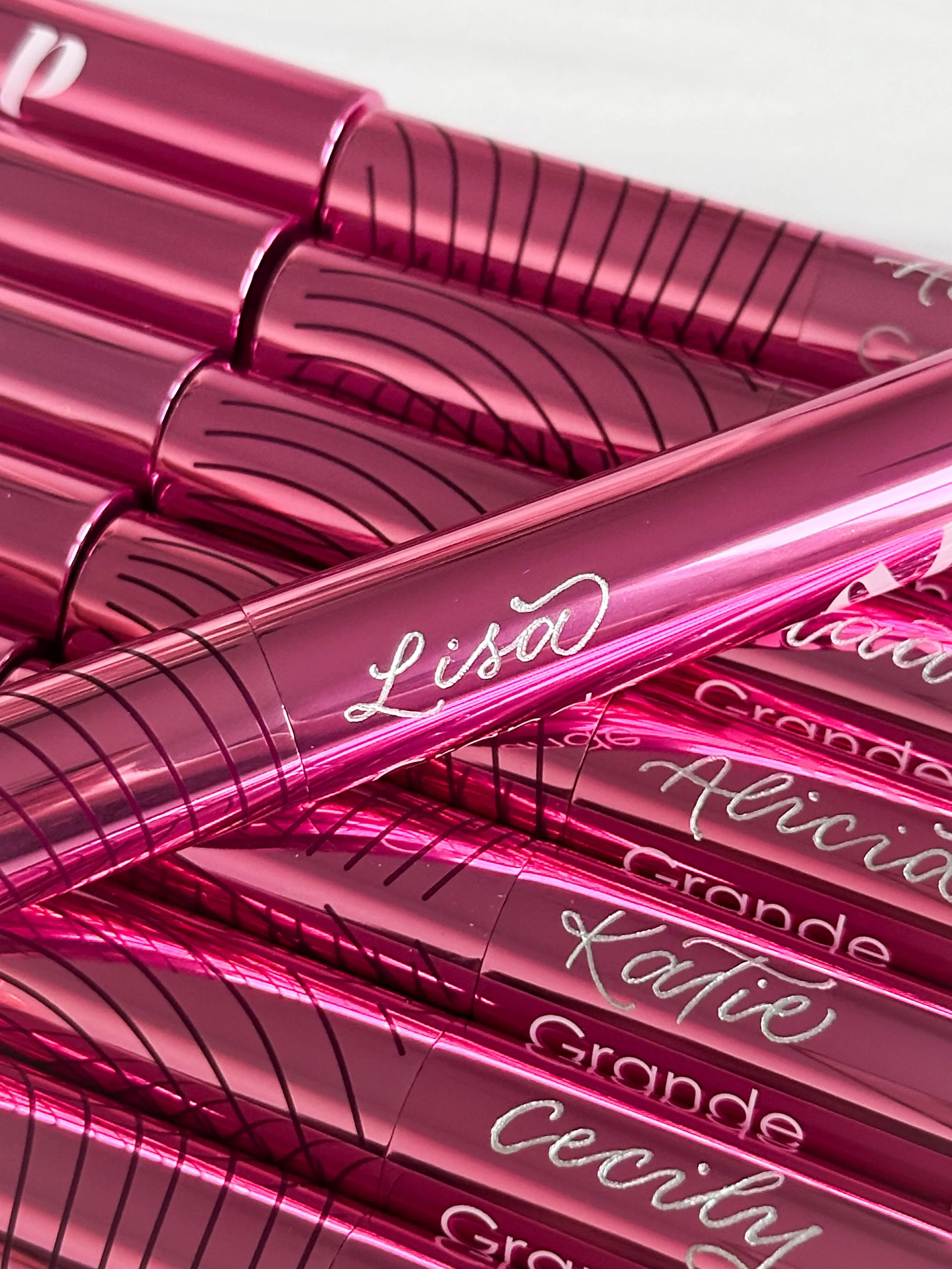 Custom engraved personalized mascaras for PR gifting from Grande Cosmetics for private brand event