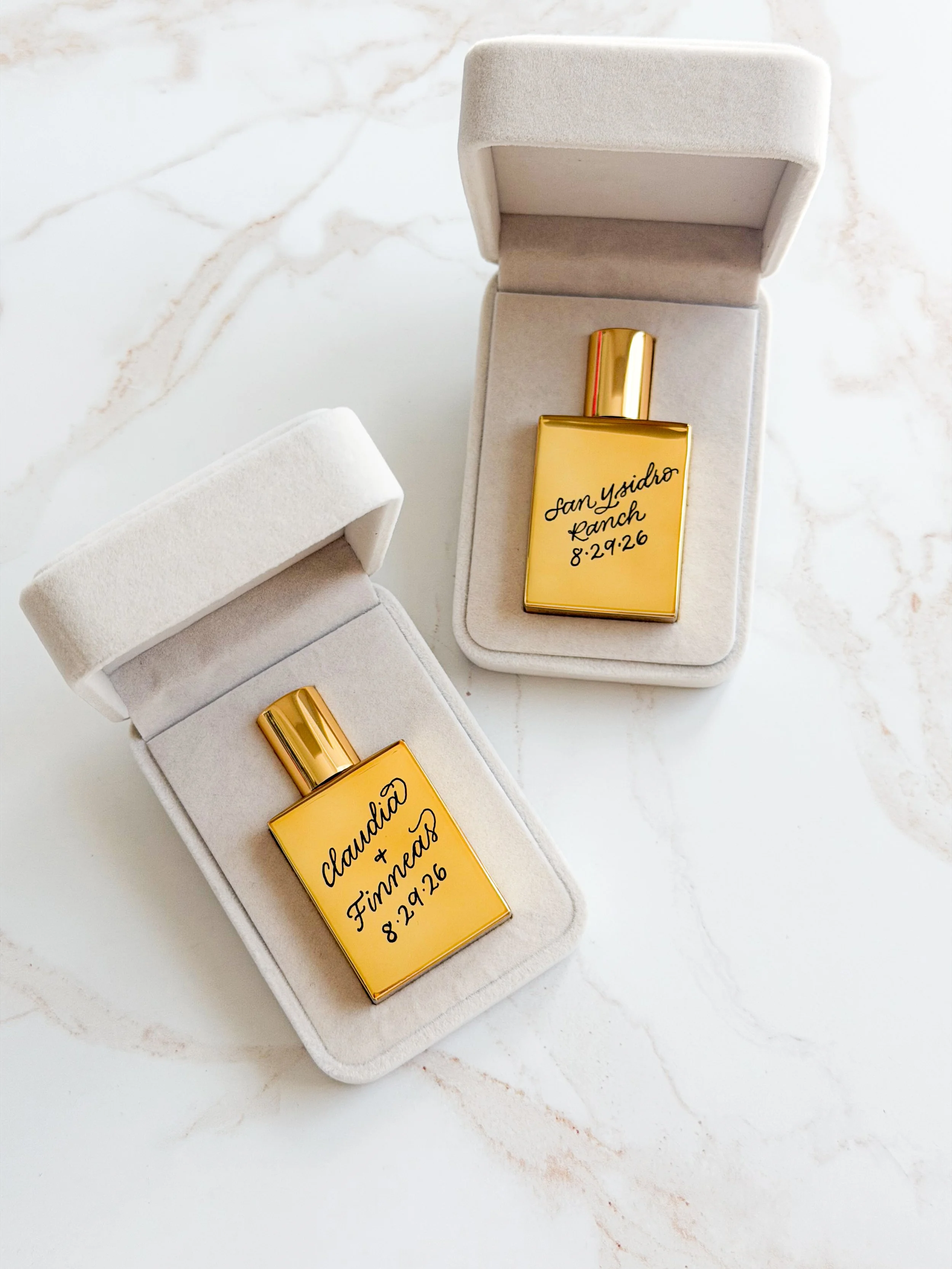 Bride and groom personalized gifting hand engraved fragrance bottles for wedding day by ink and innuendos orange county