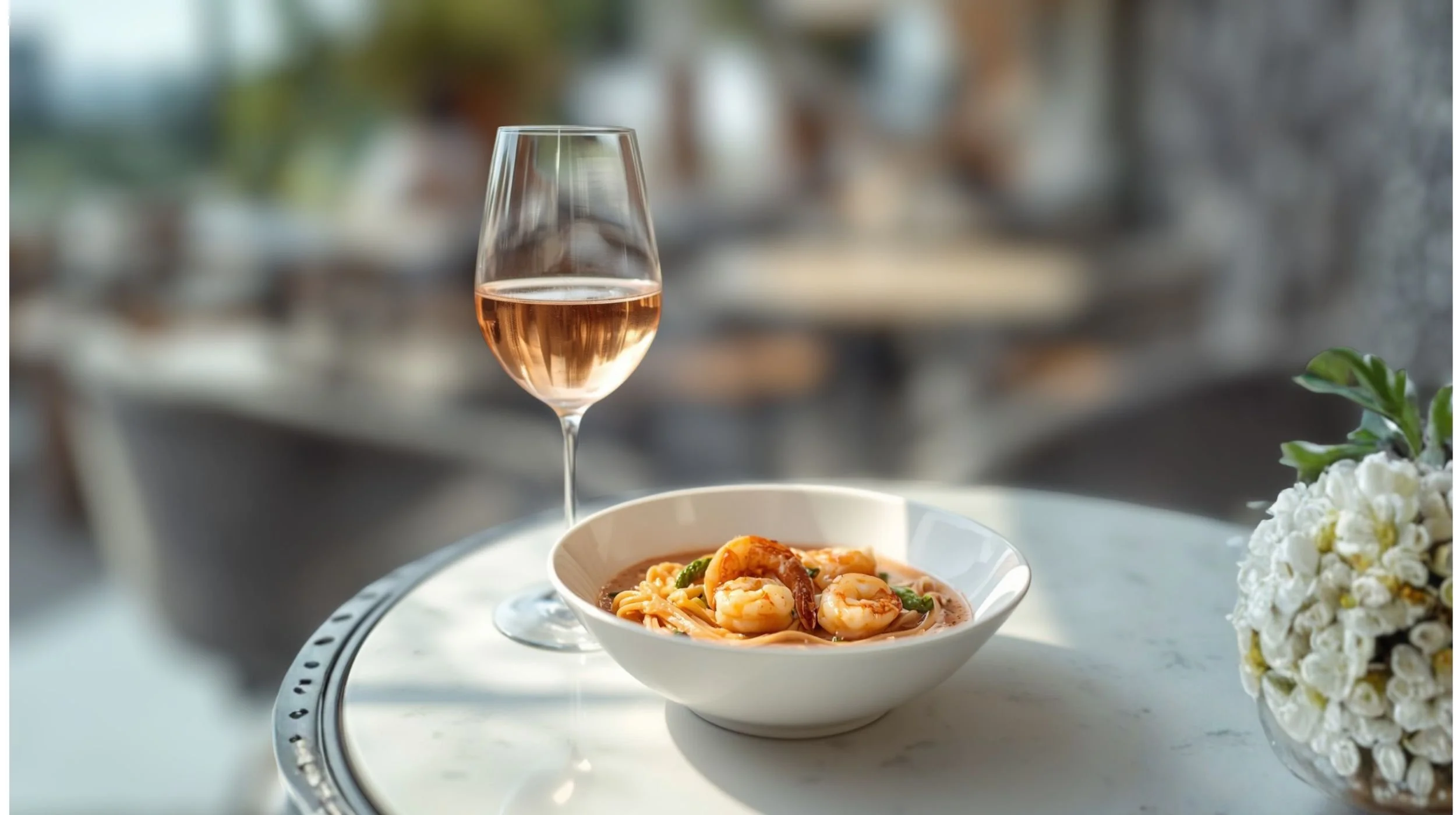 A stemmed glass of non-alcoholic rosé wine next to a bowl of shrimp pasta in a rosé sauce, set on a café table with flowers nearby.