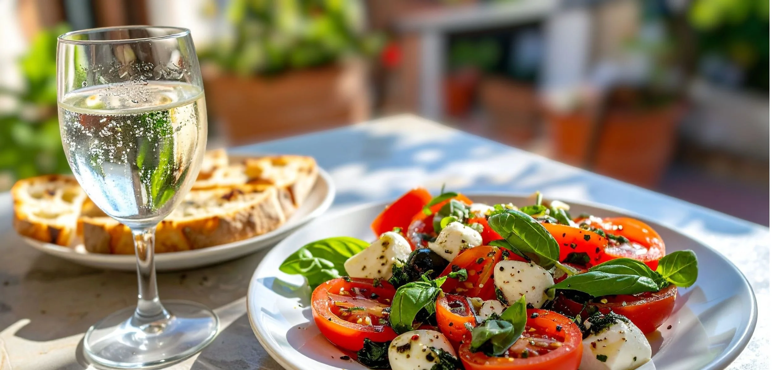 Fresh tomato and mozzarella salad garnished with basil, served with glass of sparkling non-alcoholic white wine and crusty bread in a sunny outdoor setting.