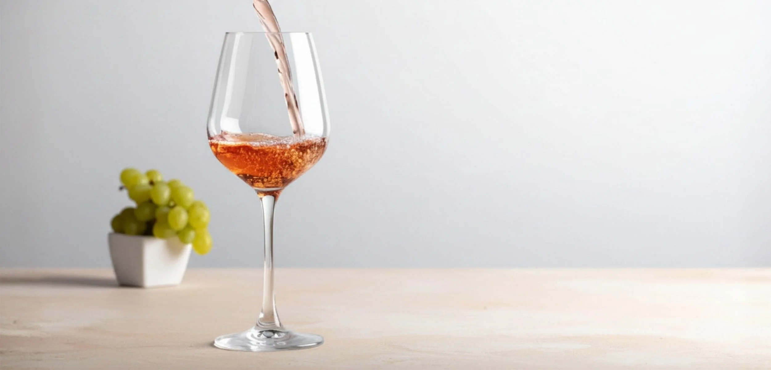 A glass of non-alcoholic sparkling rosé wine being poured, accompanied by fresh green grapes on a light wooden surface.
