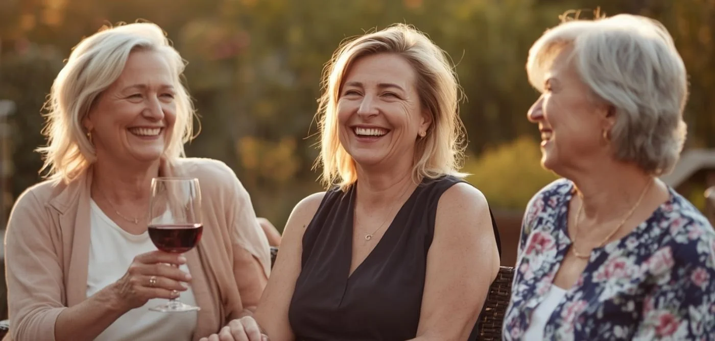 Three joyful women enjoying a sunset gathering, sharing laughter and non-alcoholic red wine in a serene outdoor setting.
