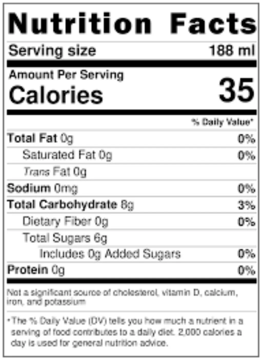 Nutrition Facts label showing 35 calories per 188 ml serving, 0g fat, 0mg sodium, 8g total carbohydrates, 0g protein, and 6g total sugars.