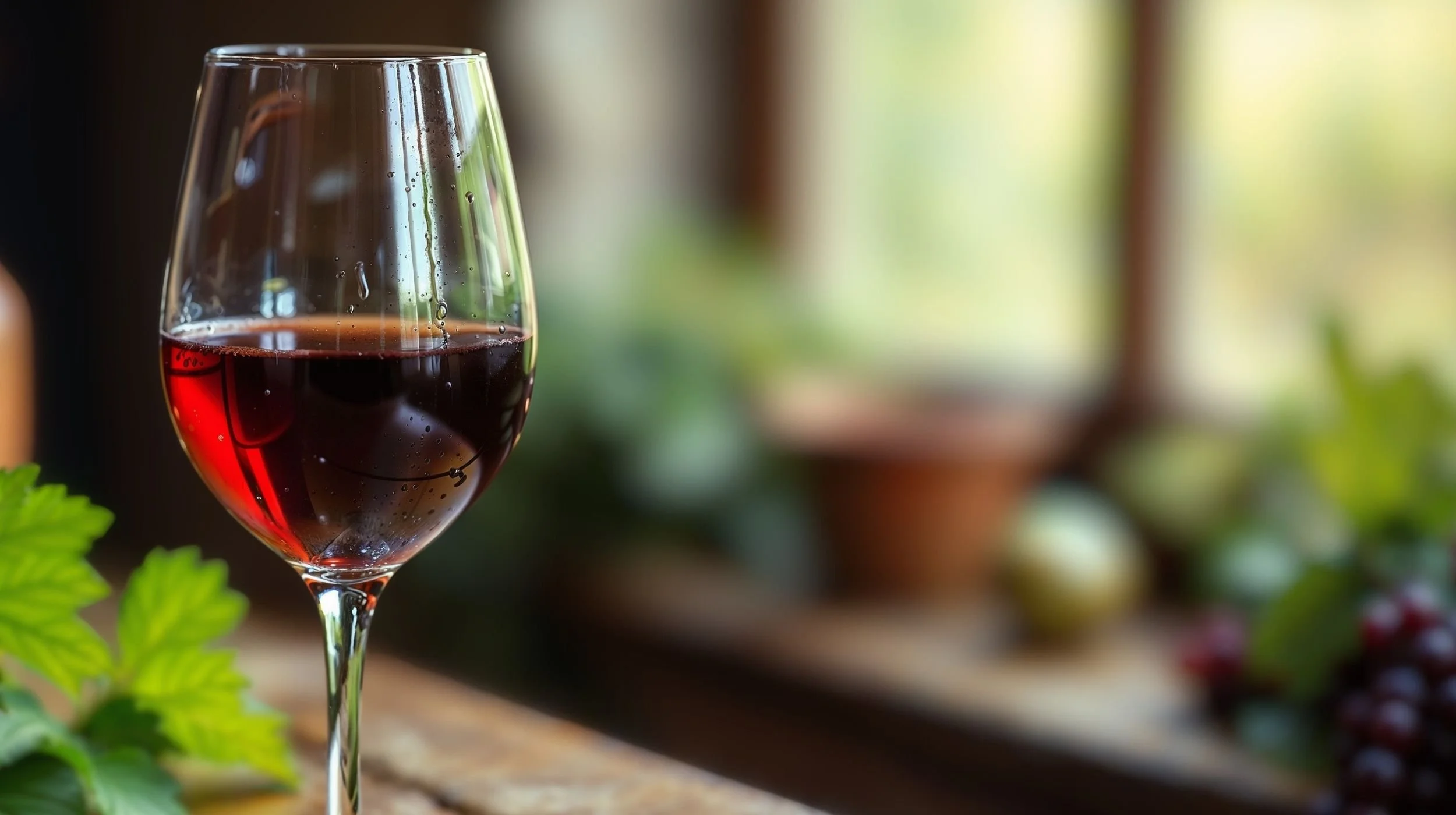 A close-up of a glass of non-alcoholic red wine on a wooden table, surrounded by green leaves and a blurred background of grapes and pots.