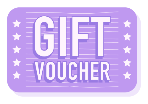 Purple gift voucher with stars, reading 'GIFT VOUCHER'.