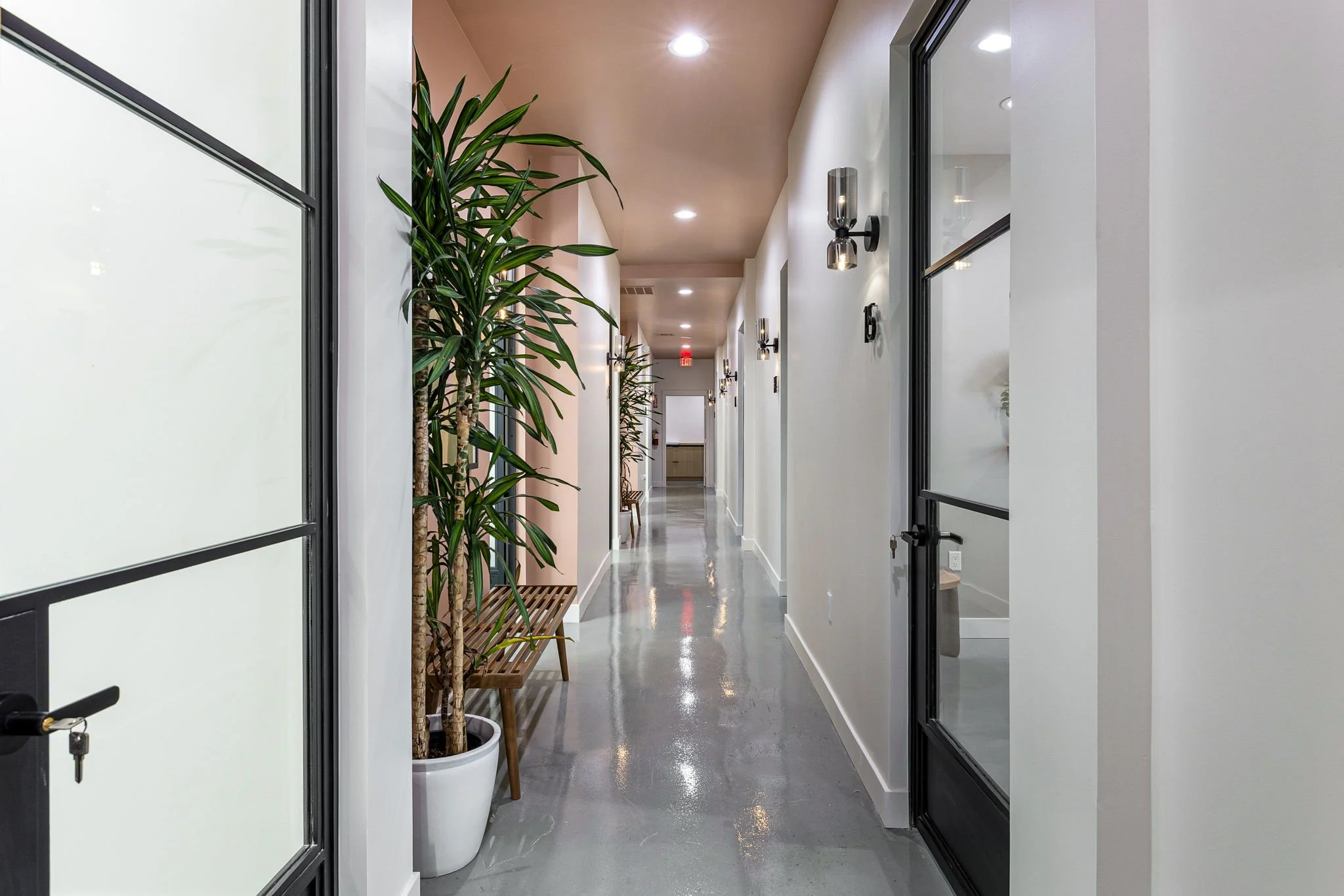 Indoor hallway with white walls, black-framed glass doors, potted plant, wooden bench, wall-mounted lights, and polished gray floor.