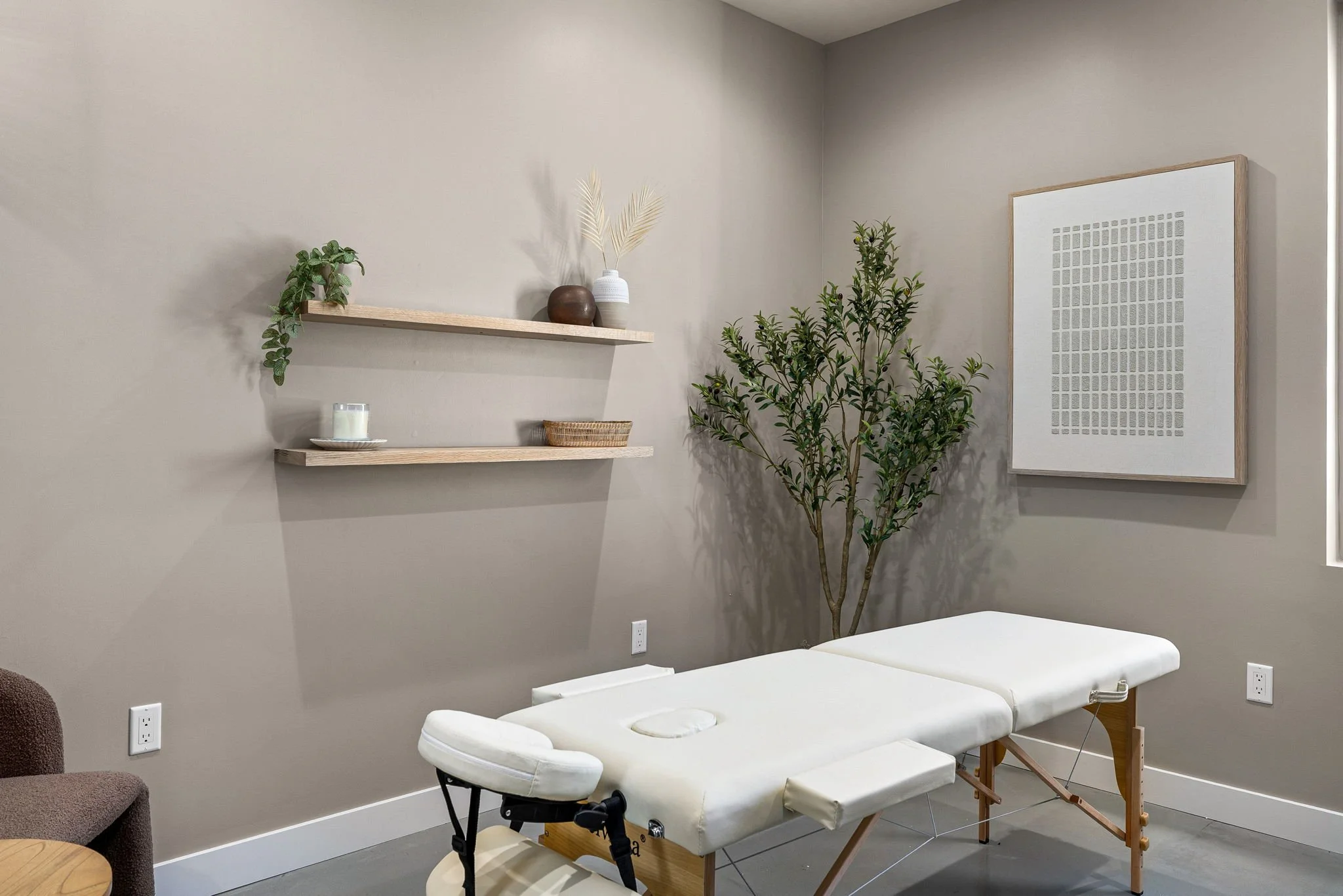 Massage therapy room with a massage table, decorative shelves with vases and candles, a large indoor plant, and framed wall art.