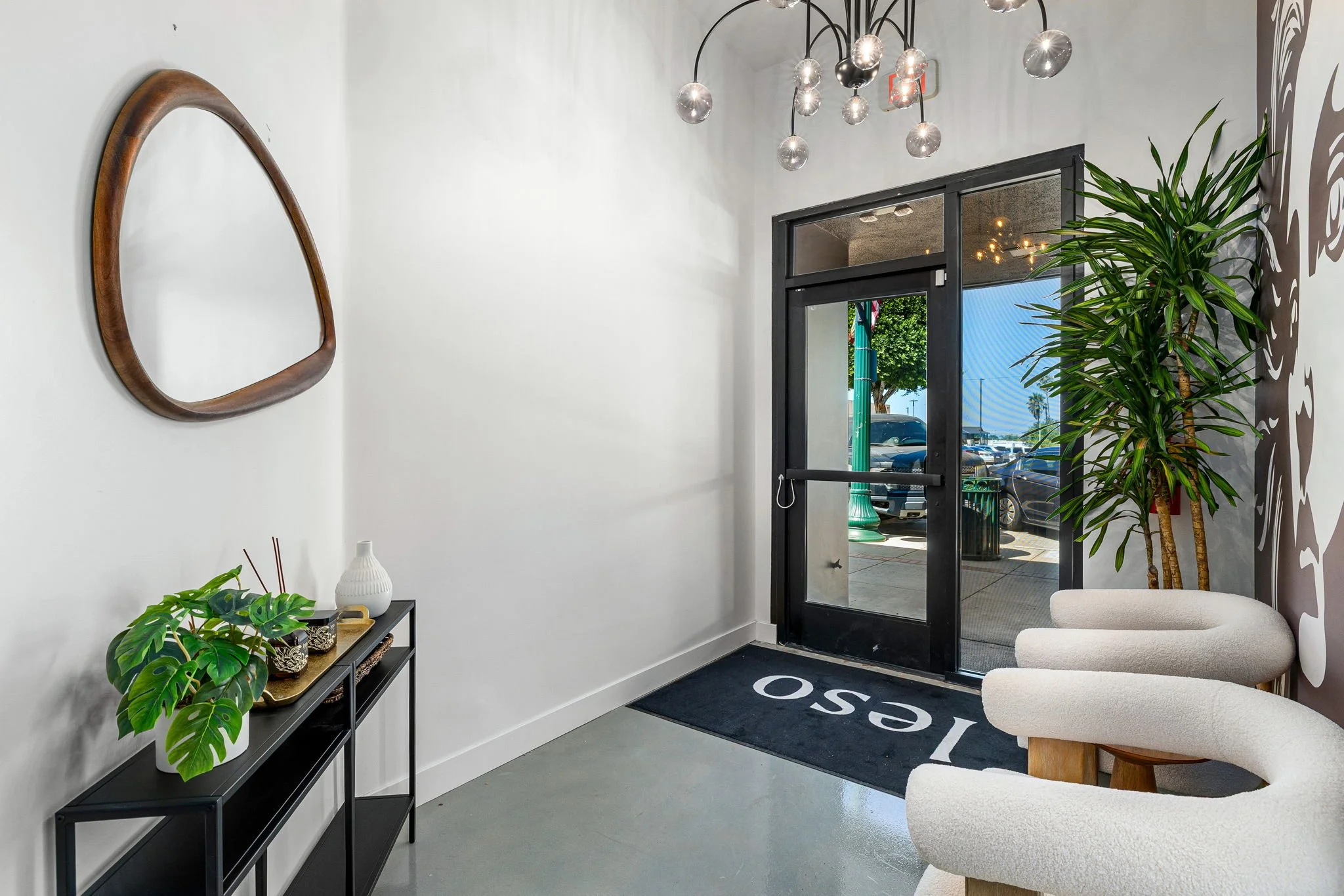 Modern lobby with white walls, black front door with glass panel, two white armchairs, large potted plant, wall-mounted mirror, and contemporary chandelier with glass globes.