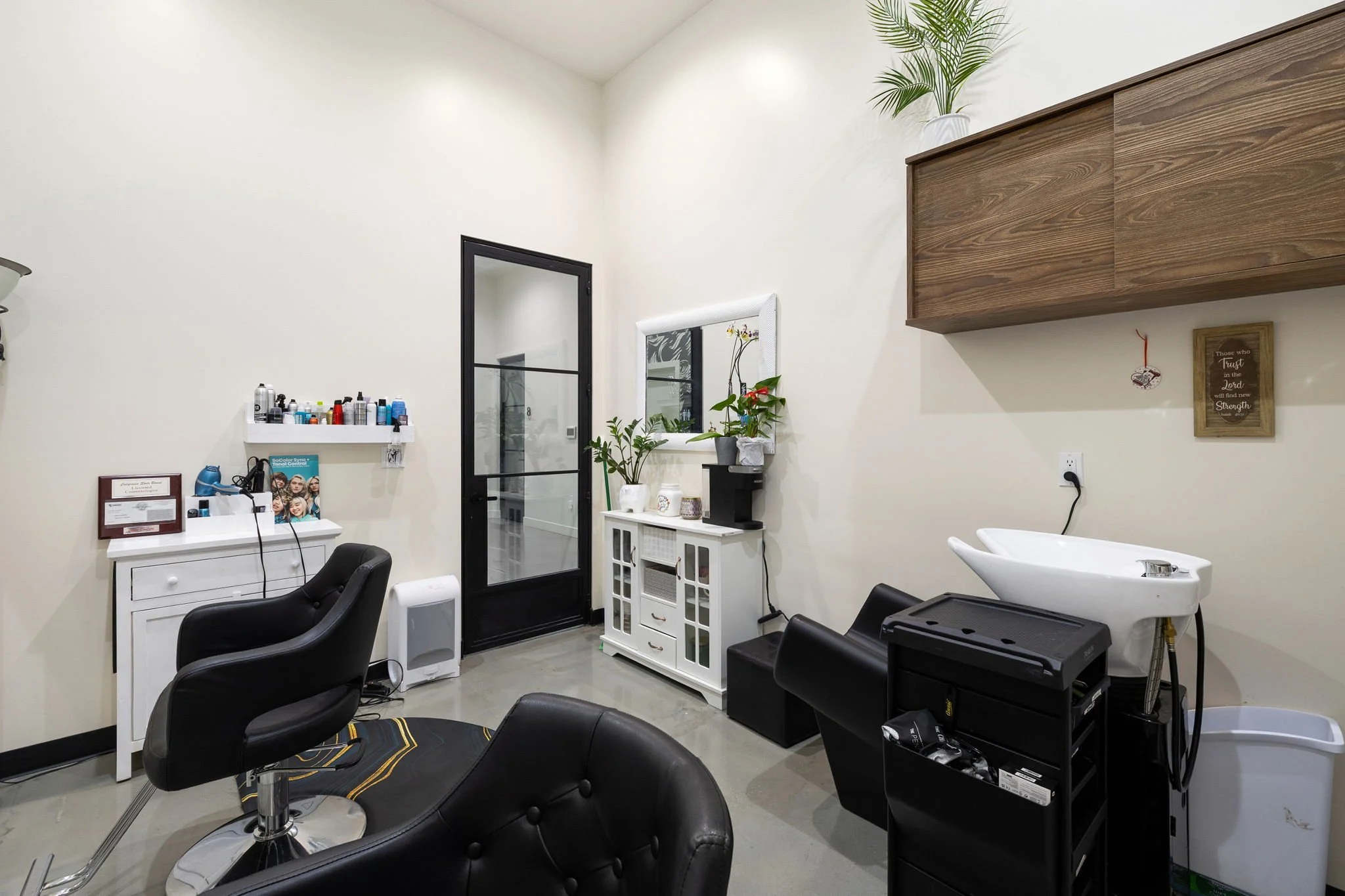 Salon or barber shop with styling chairs, a hair washing station, and various hair care products.