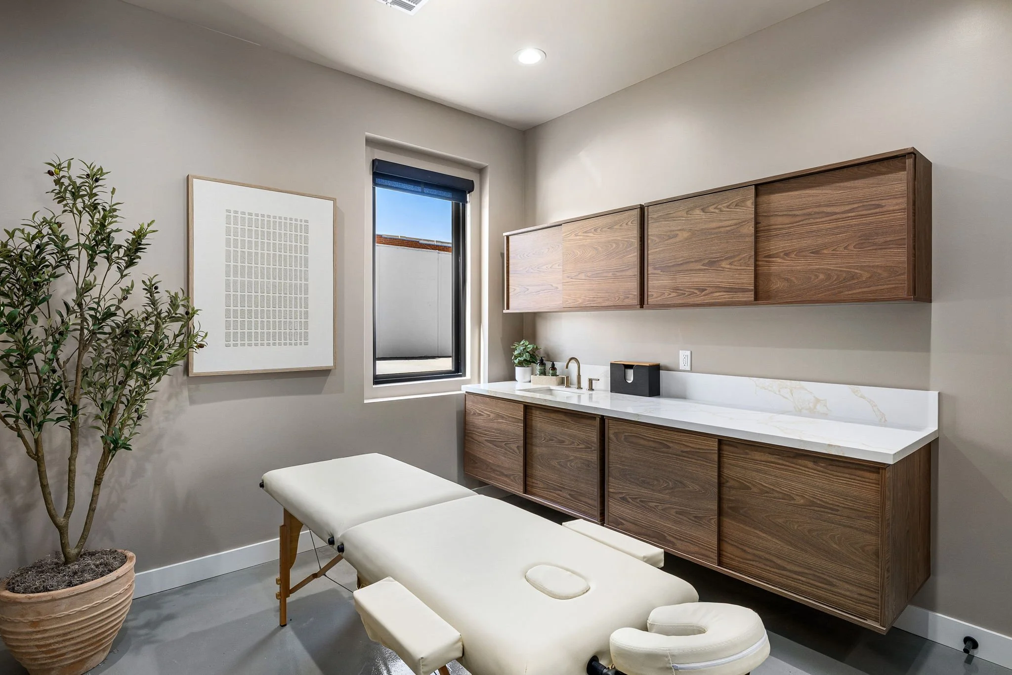 A modern medical or massage treatment room with a massage table, wooden cabinets, a small window, a potted plant, and a framed artwork on the wall.