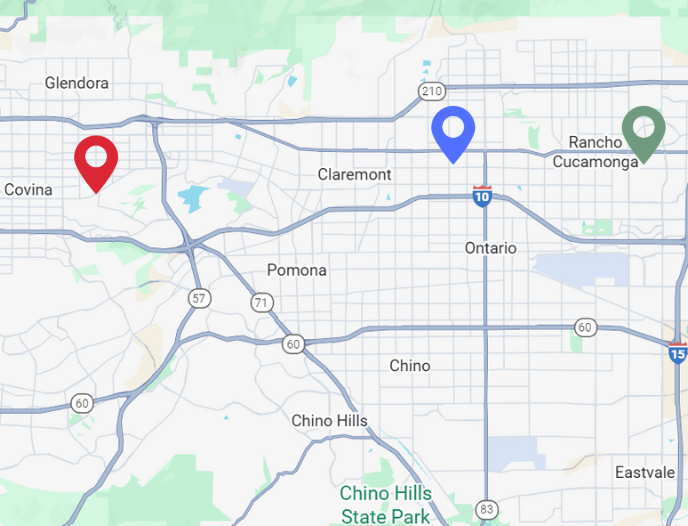 Map of Pomona, California area with three colored location markers (red west, blue central, green east) near highways and Chino Hills State Park.