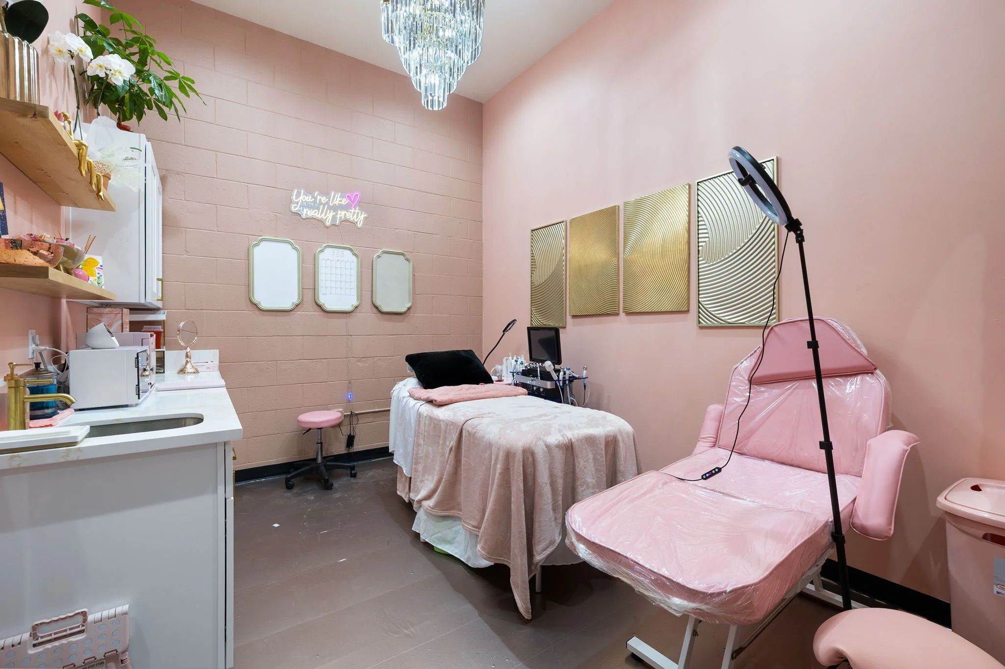 A cozy skincare or beauty treatment room with pink walls, decor, a treatment bed with pillows, a screen with golden artwork, and a pink reclining chair with a ring light set up for photography or video