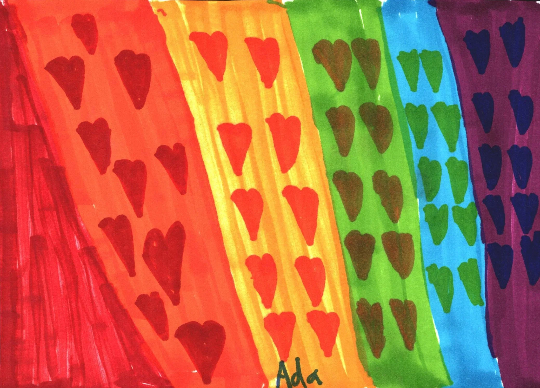 "Rainbow Hearts" by Ada, 5x7"