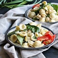 Pasta Salad With Spinach, Garlic Scapes, Chickpeas, and Tahini